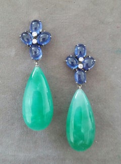20 Carats Blue Sapphire Oval Cabs Gold Diamonds Pear Shape Jade Drops Earrings