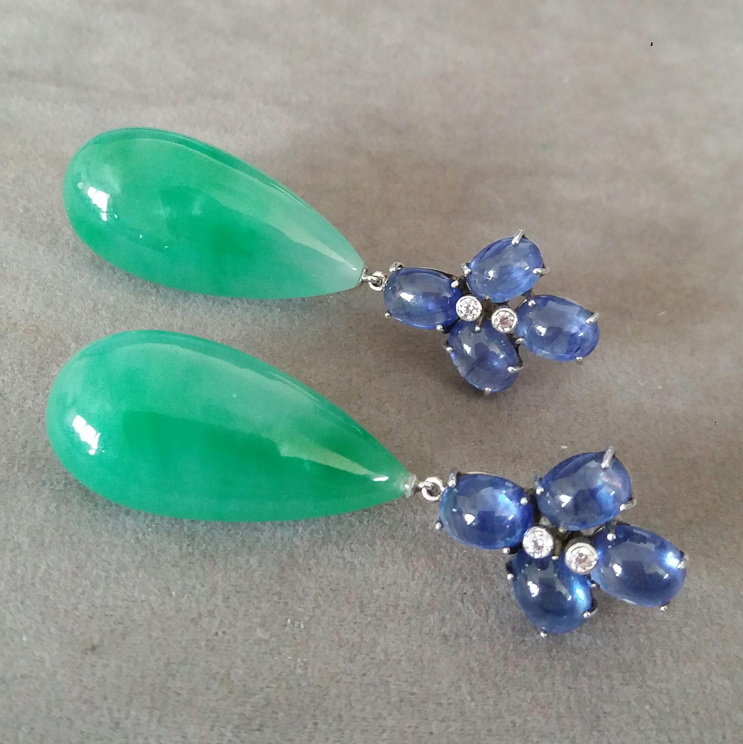 Pear Cut 20 Carats Blue Sapphire Oval Cabs Gold Diamonds Pear Shape Jade Drops Earrings