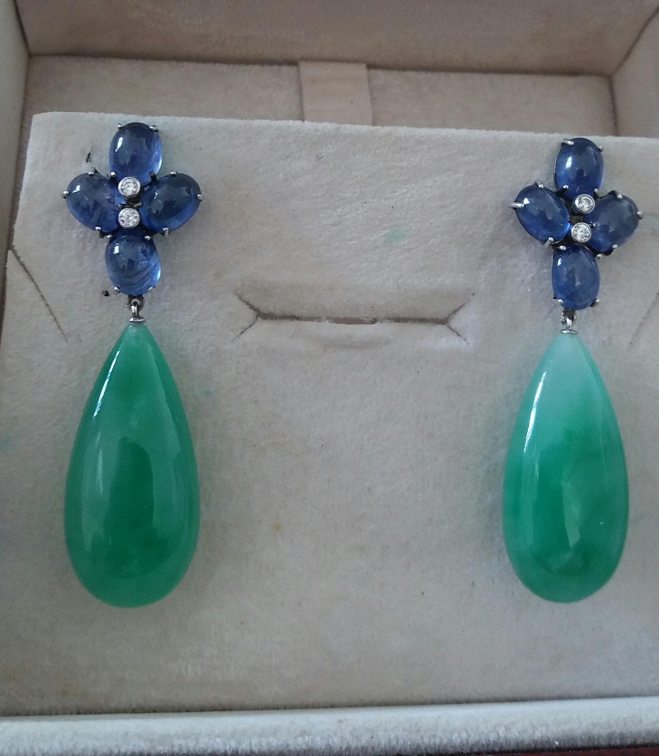 Women's 20 Carats Blue Sapphire Oval Cabs Gold Diamonds Pear Shape Jade Drops Earrings