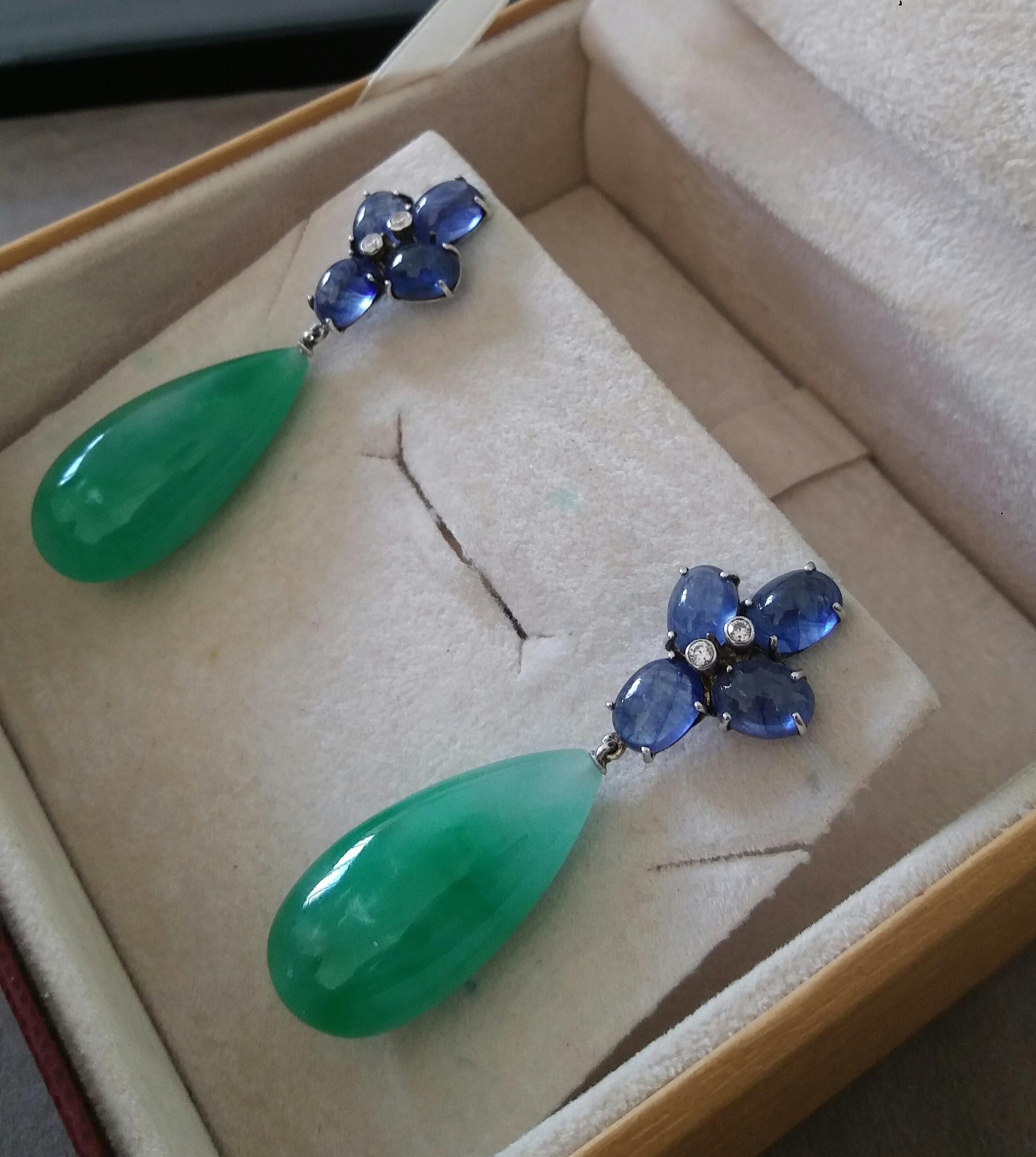 20 Carats Blue Sapphire Oval Cabs Gold Diamonds Pear Shape Jade Drops Earrings For Sale 1