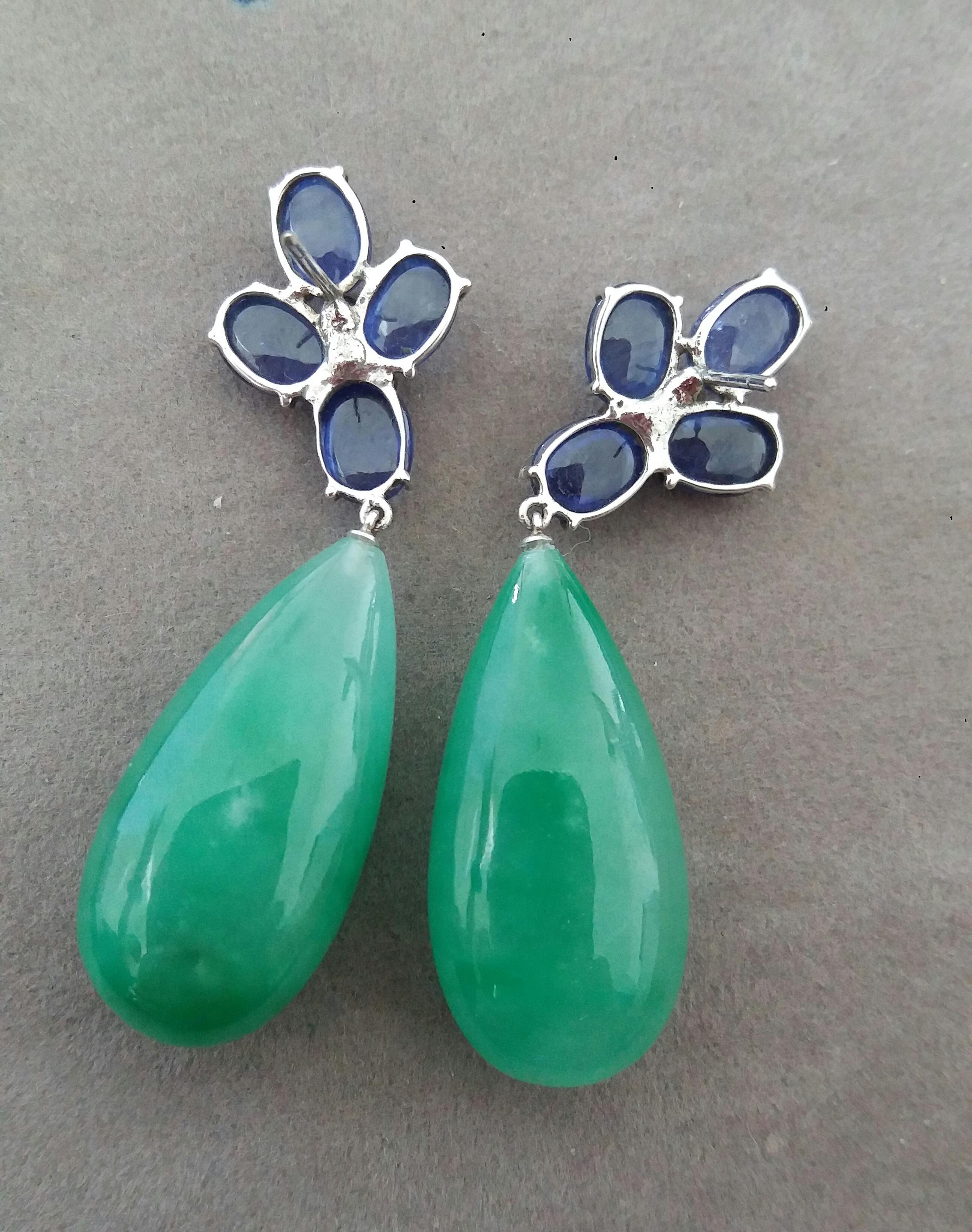 20 Carats Blue Sapphire Oval Cabs Gold Diamonds Pear Shape Jade Drops Earrings For Sale 2