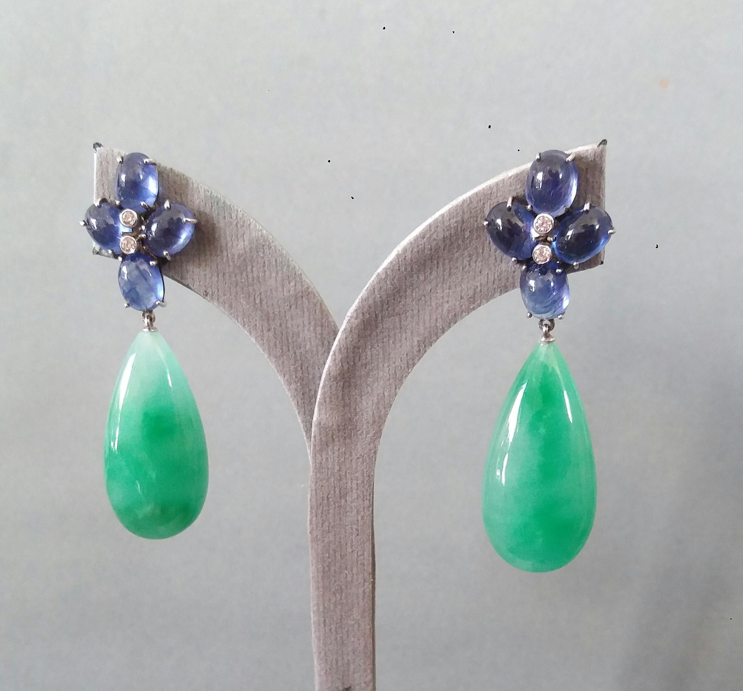 20 Carats Blue Sapphire Oval Cabs Gold Diamonds Pear Shape Jade Drops Earrings 3