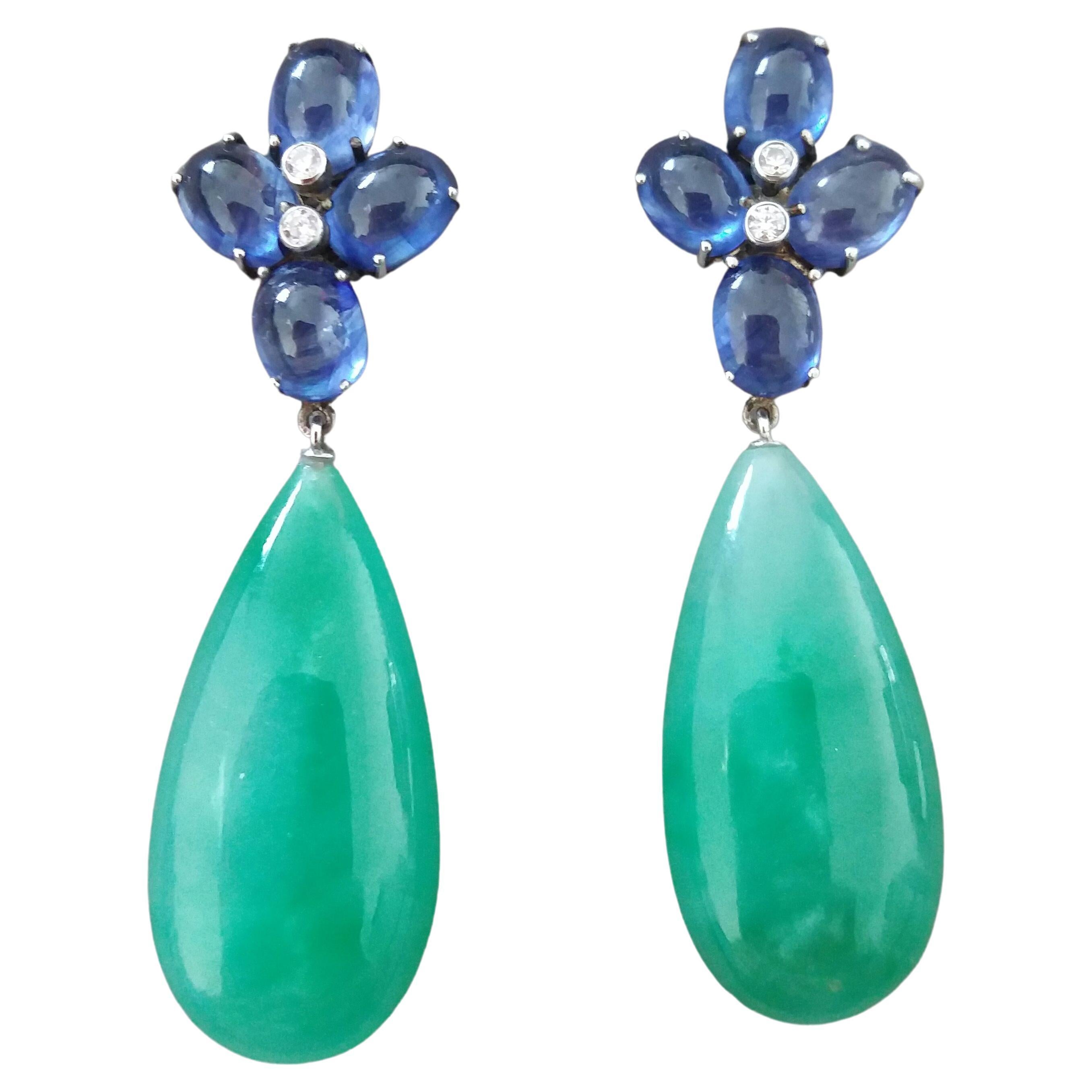 20 Carats Blue Sapphire Oval Cabs Gold Diamonds Pear Shape Jade Drops Earrings