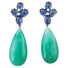 20 Carats Blue Sapphire Oval Cabs Gold Diamonds Pear Shape Jade Drops Earrings