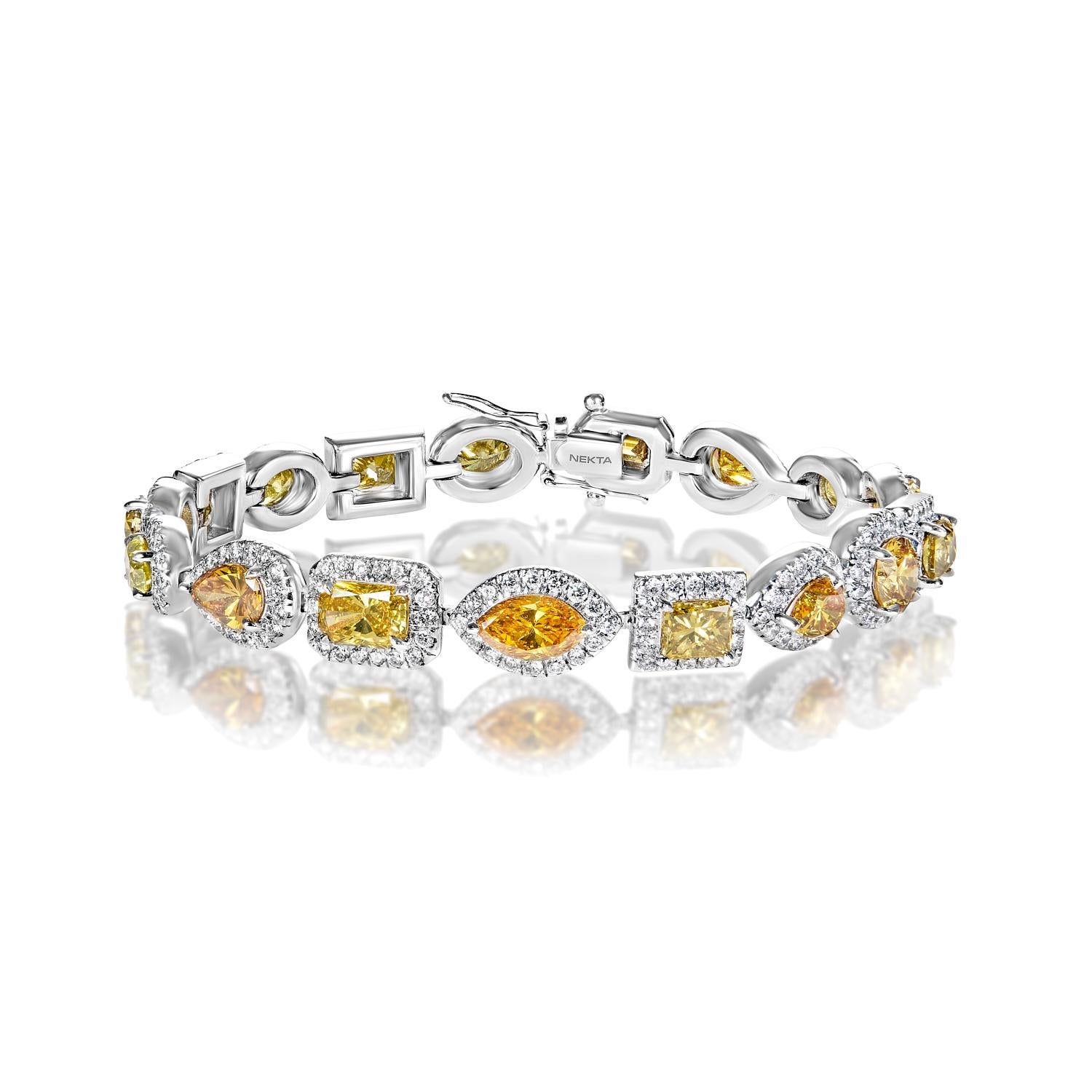 The COLETTE 20.14 Carat Diamond Single Row Bracelet features COMBINE MIX SHAPE DIAMONDS brilliants weighing a total of approximately 20.14 carats, set in 18K White Gold.

Style:
Main Diamonds:
Diamond Size: 15.87 Carats
Color: FANCY Yellow*
Diamond