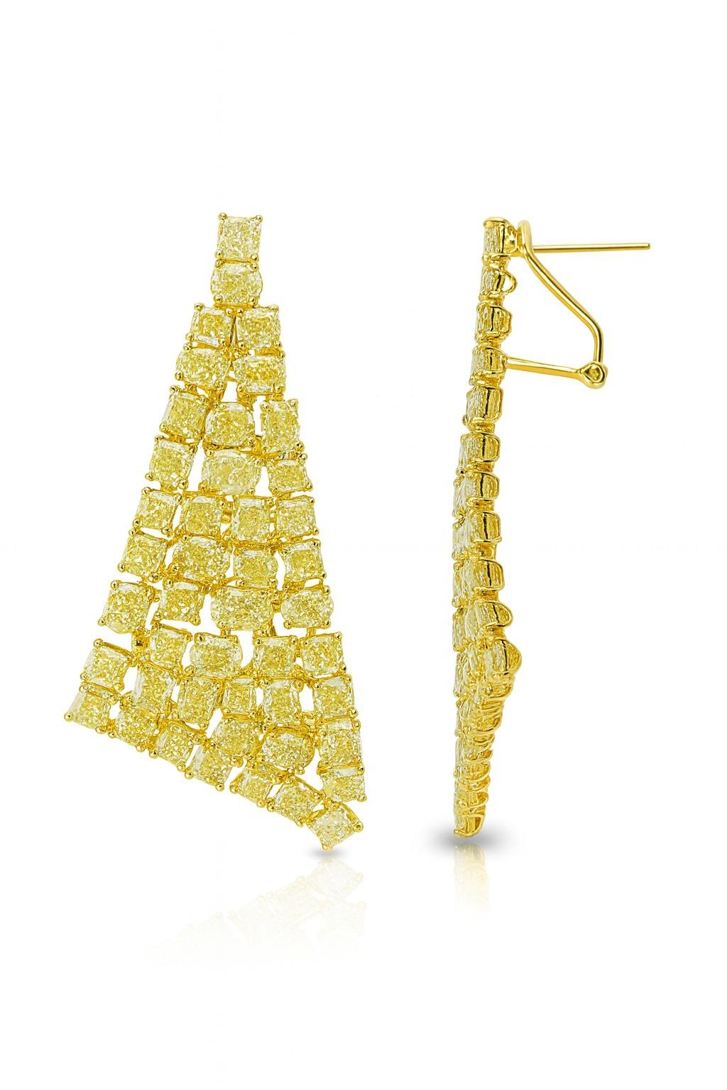 Cushion Cut 20 Carats Fancy Yellow Diamond Earrings For Sale