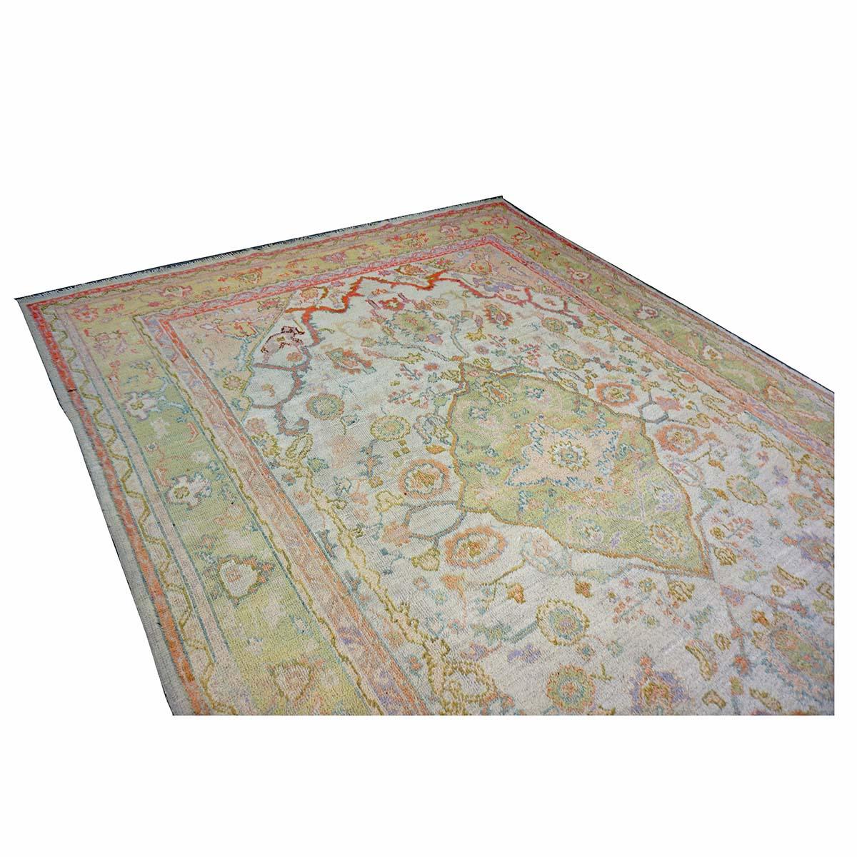 21st Century Türkisch Oushak 10X13 Grün, Elfenbein & Orange Handmade Läufer Teppich im Angebot 4