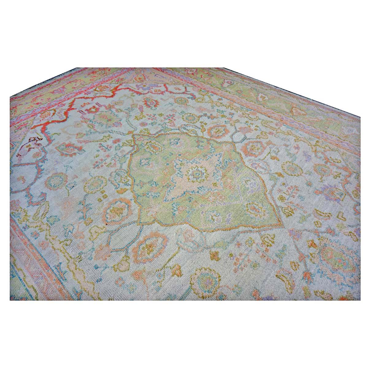 21st Century Türkisch Oushak 10X13 Grün, Elfenbein & Orange Handmade Läufer Teppich im Angebot 6