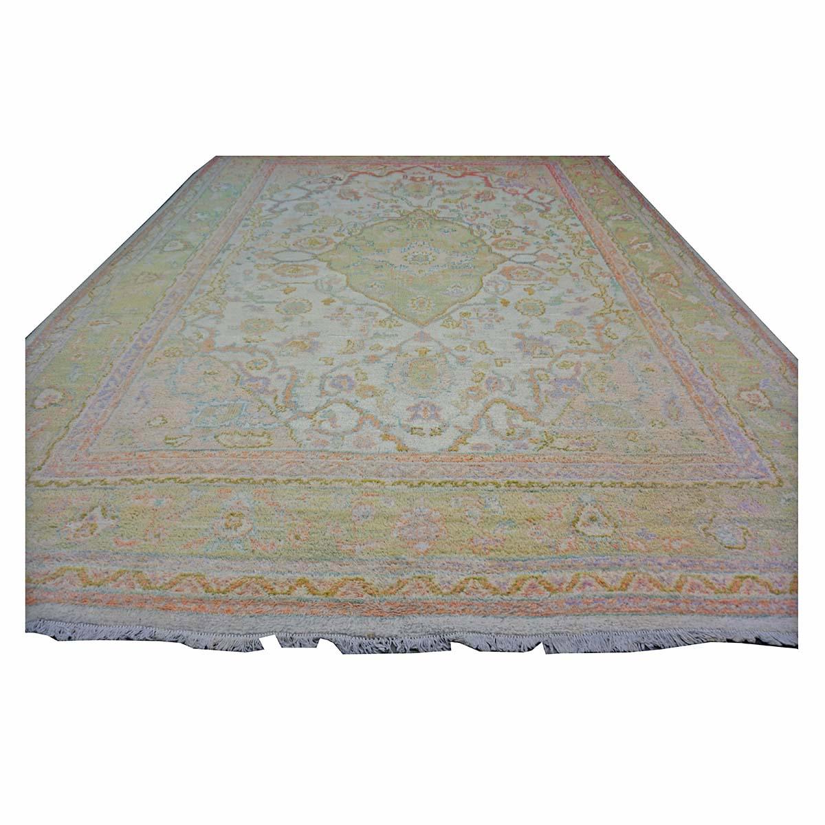 21st Century Türkisch Oushak 10X13 Grün, Elfenbein & Orange Handmade Läufer Teppich im Zustand „Relativ gut“ im Angebot in Houston, TX