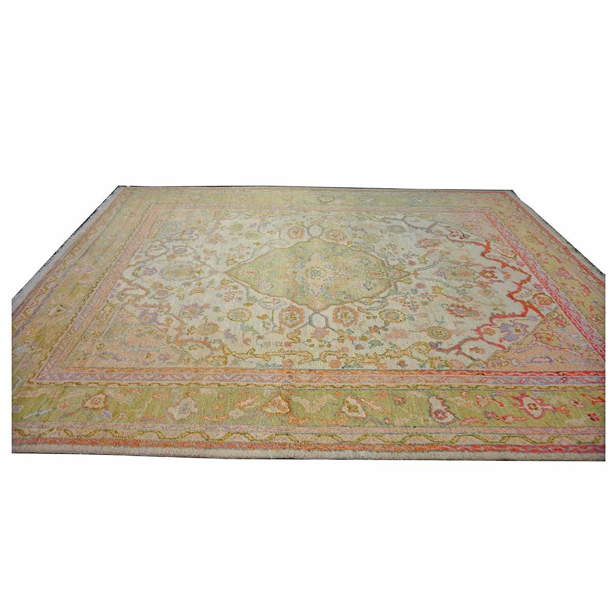 21st Century Türkisch Oushak 10X13 Grün, Elfenbein & Orange Handmade Läufer Teppich (Wolle) im Angebot