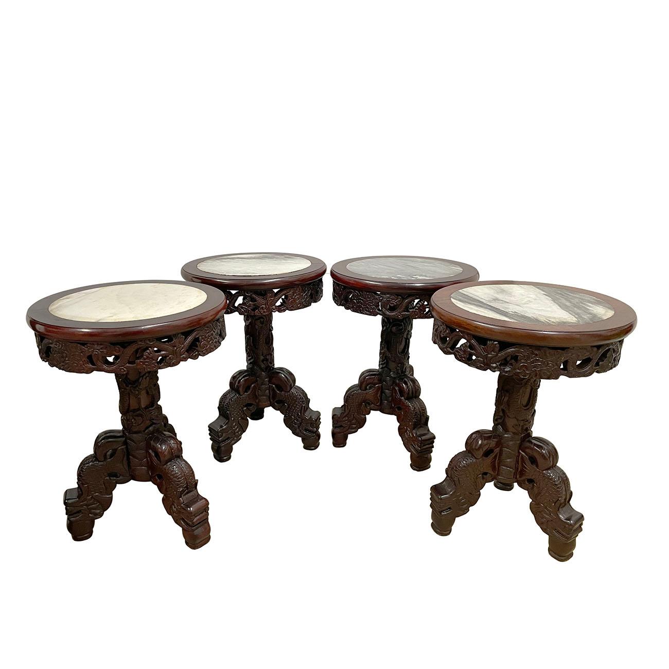 20 Century Chinese Marble Top Hardwood Carved Round Dinning Table Set For Sale 7
