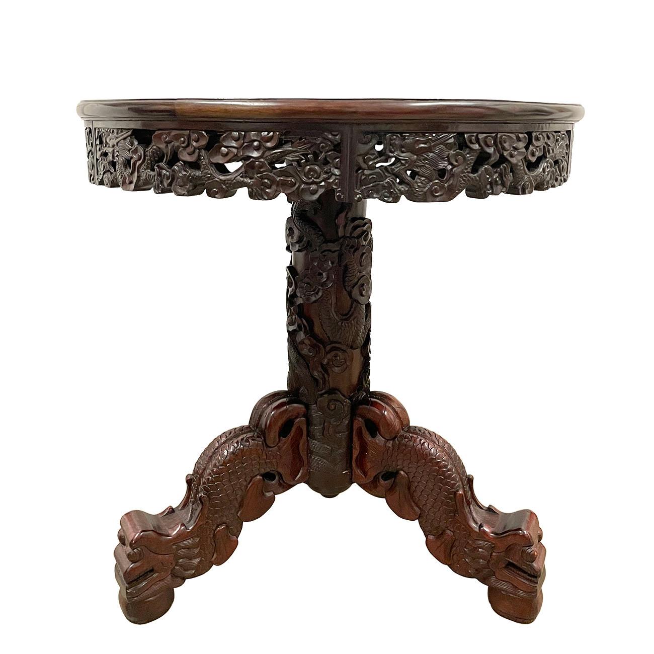 Chinese Export 20 Century Chinese Marble Top Hardwood Carved Round Dinning Table Set For Sale