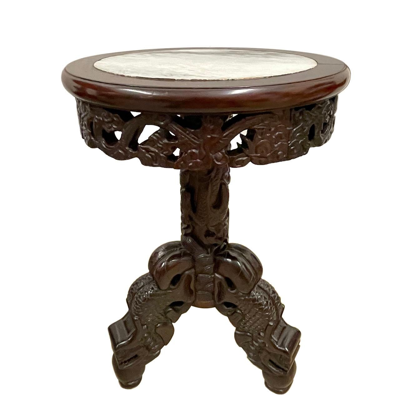 20 Century Chinese Marble Top Hardwood Carved Round Dinning Table Set For Sale 4