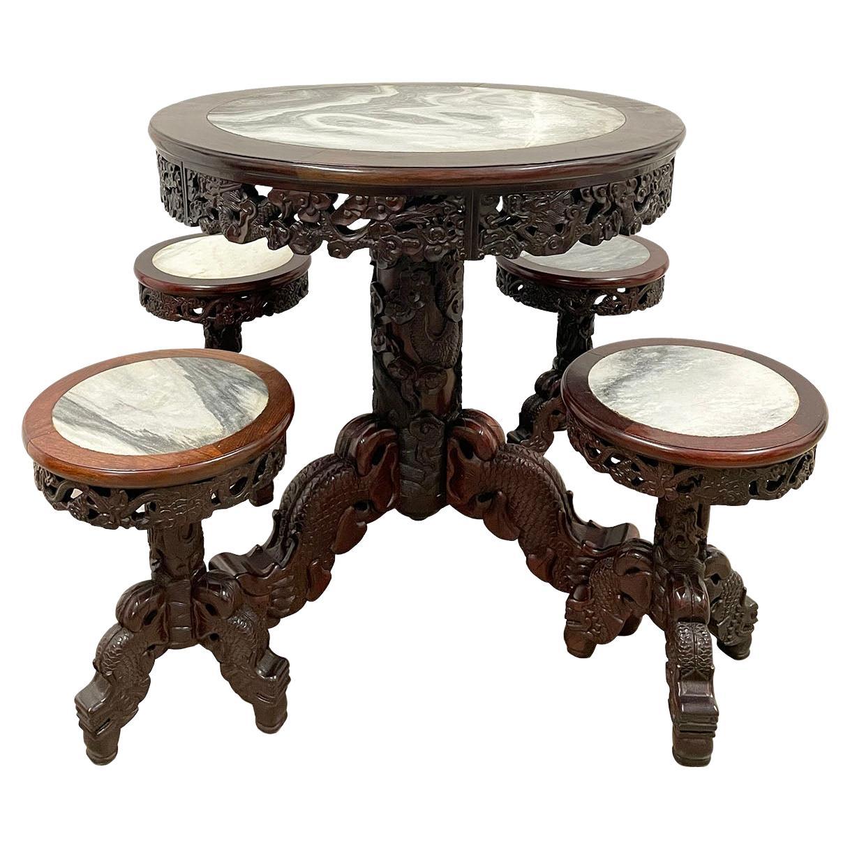 20 Century Chinese Marble Top Hardwood Carved Round Dinning Table Set