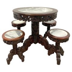 Used 20 Century Chinese Marble Top Hardwood Carved Round Dinning Table Set