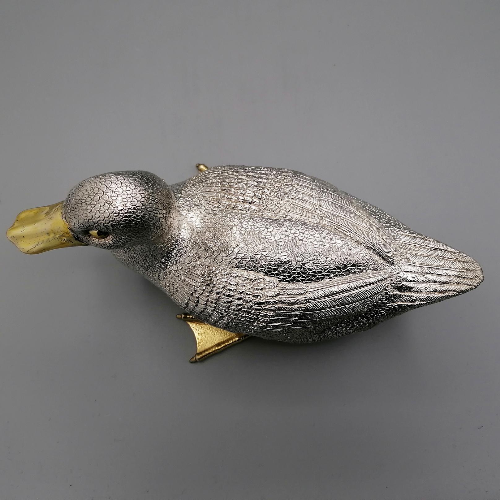 20th Century Italian Pure 970 Silver Duck with golden beak and paws  For Sale 6