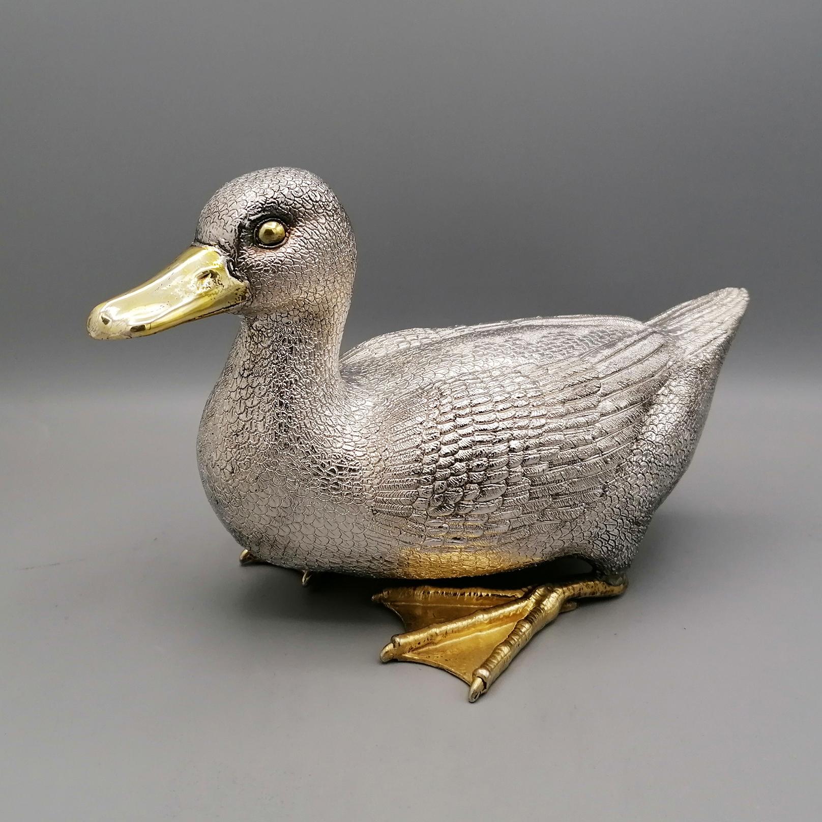 20th Century Italian Pure 970 Silver Duck with golden beak and paws  For Sale 7