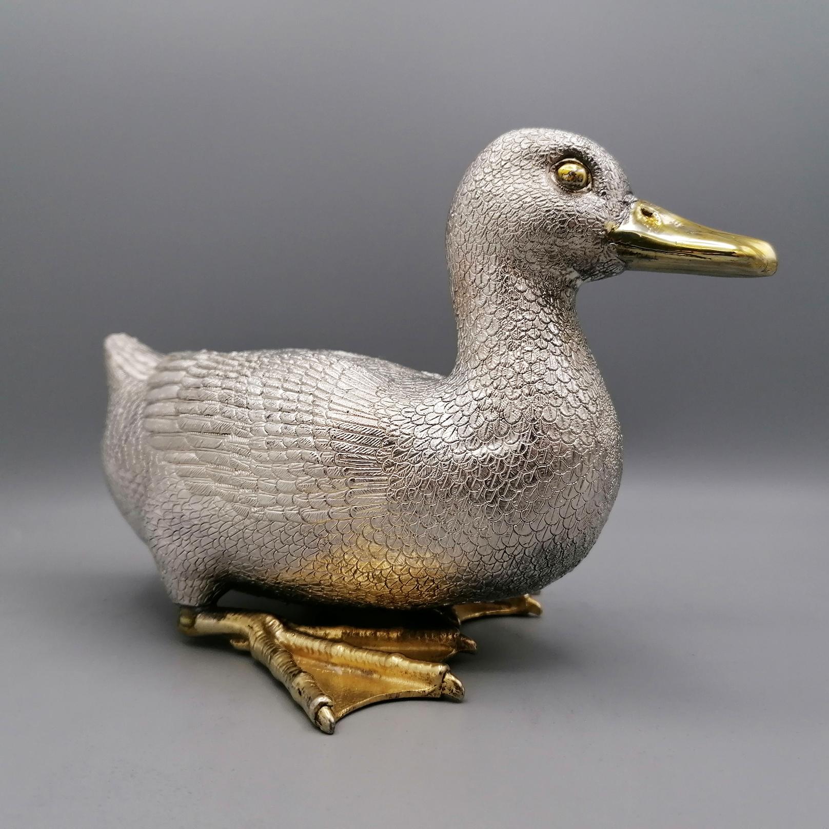 Hand-Crafted 20th Century Italian Pure 970 Silver Duck with golden beak and paws  For Sale