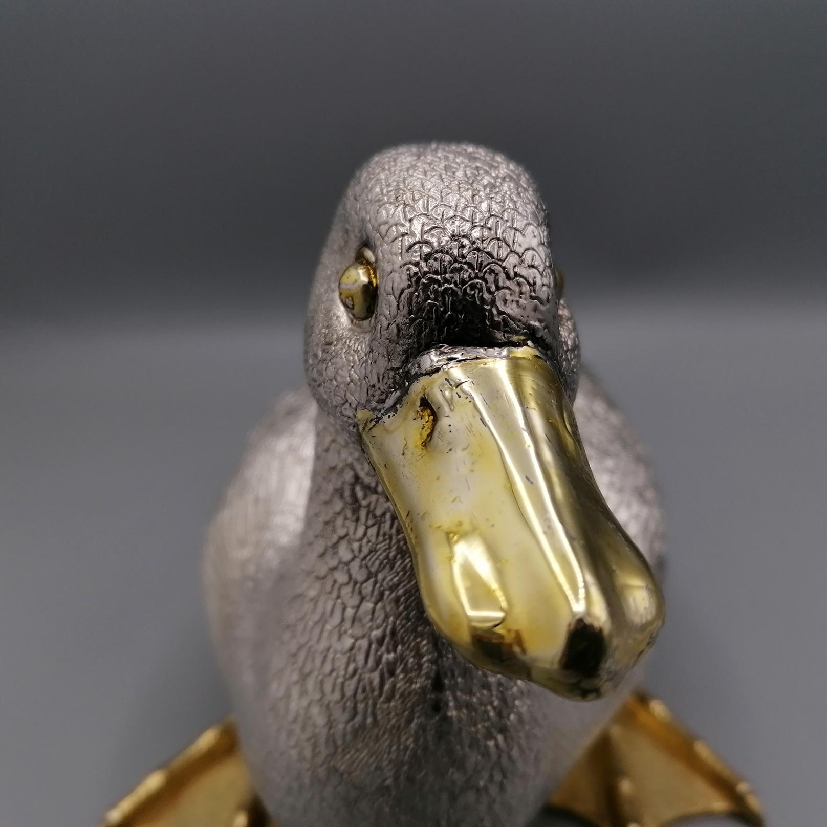 20th Century Italian Pure 970 Silver Duck with golden beak and paws  In Excellent Condition For Sale In VALENZA, IT