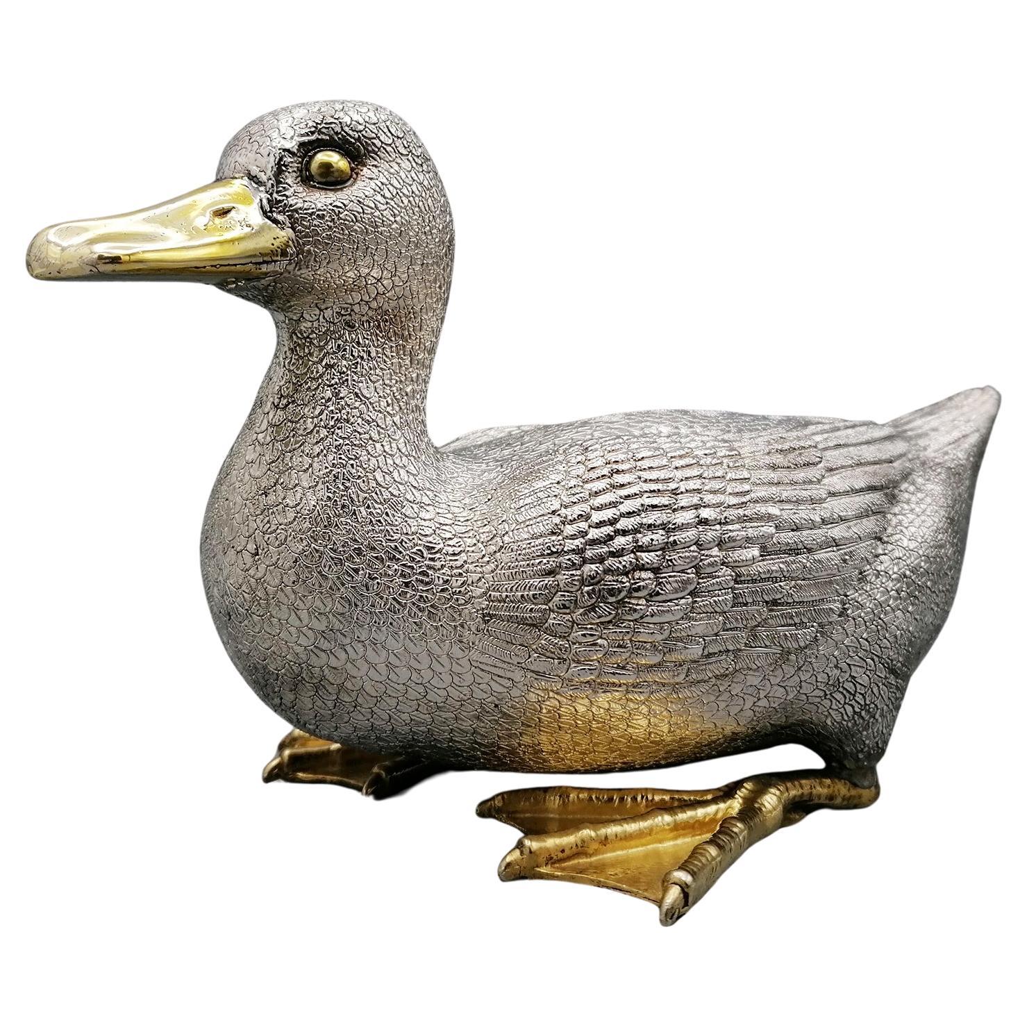 20th Century Italian Pure 970 Silver Duck with golden beak and paws  For Sale