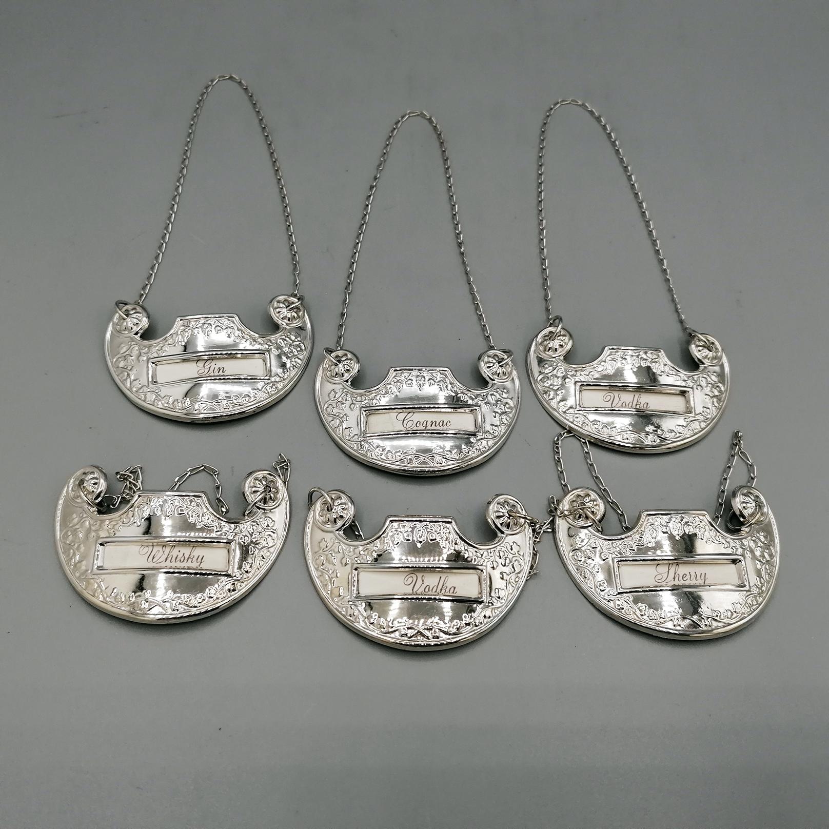20th century Italian Set of 6 Bottle labels in 800 Silver For Sale 5
