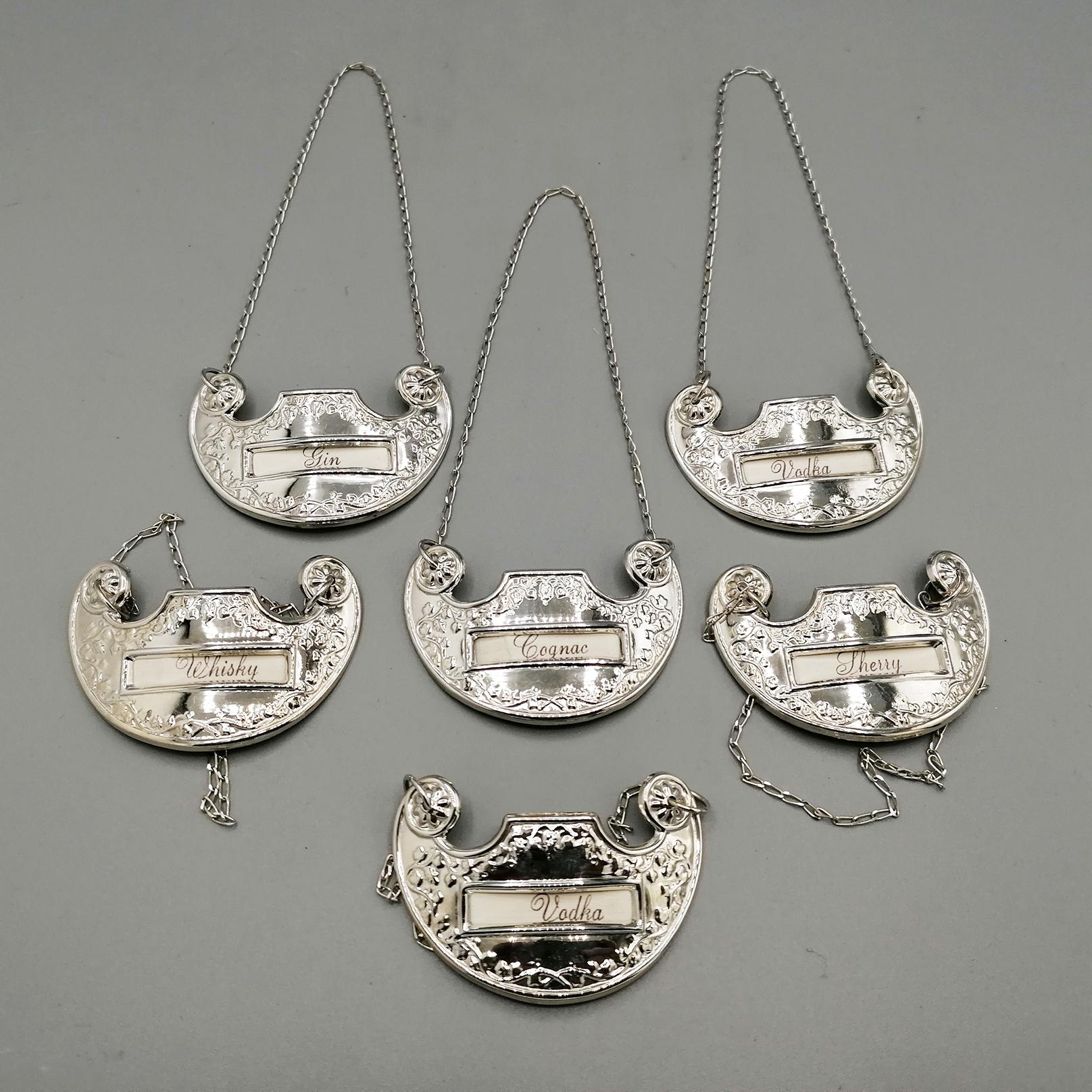 Baroque 20th century Italian Set of 6 Bottle labels in 800 Silver For Sale