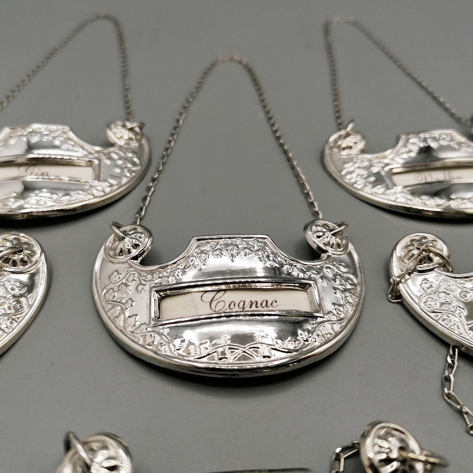 Hand-Crafted 20th century Italian Set of 6 Bottle labels in 800 Silver For Sale
