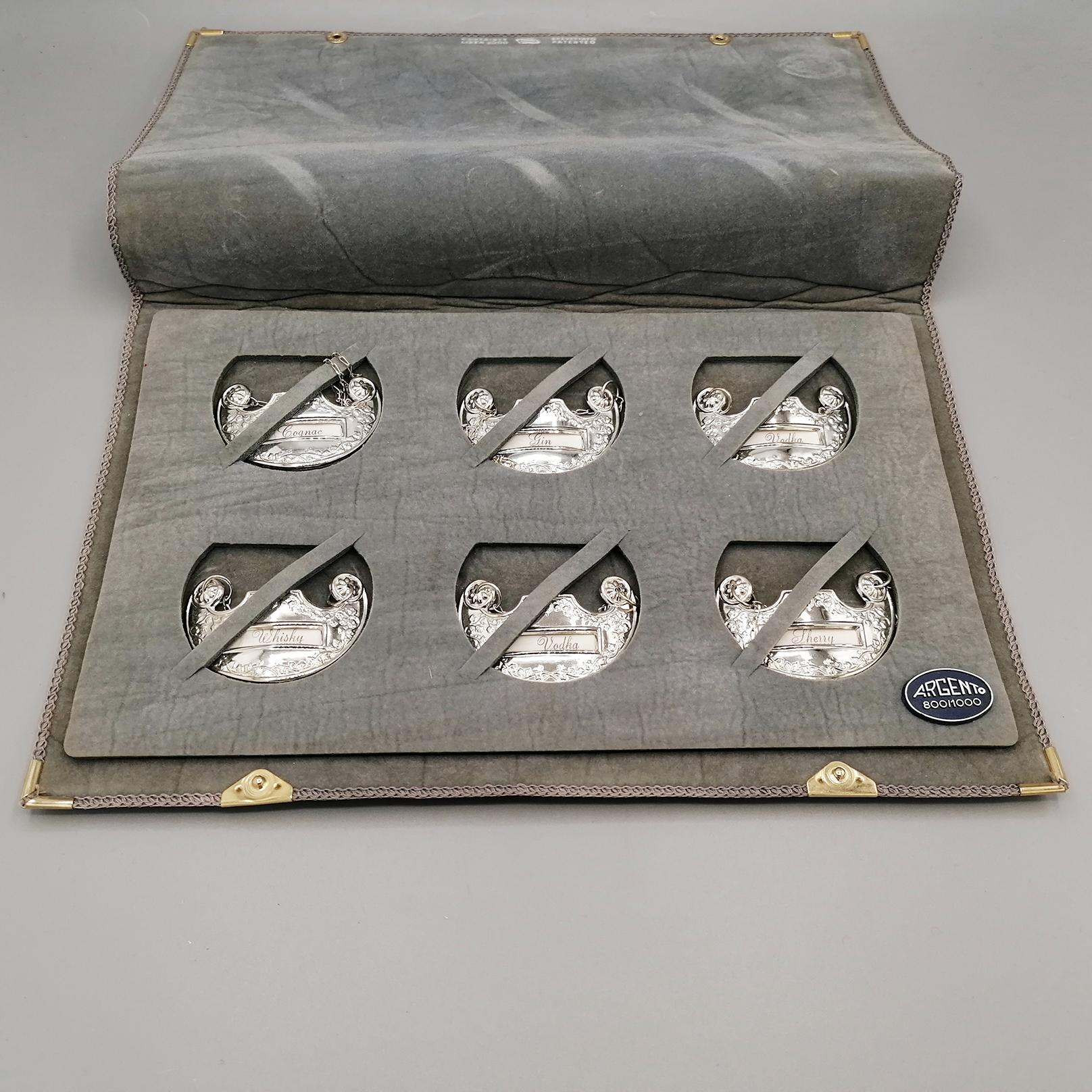 20th century Italian Set of 6 Bottle labels in 800 Silver For Sale 1