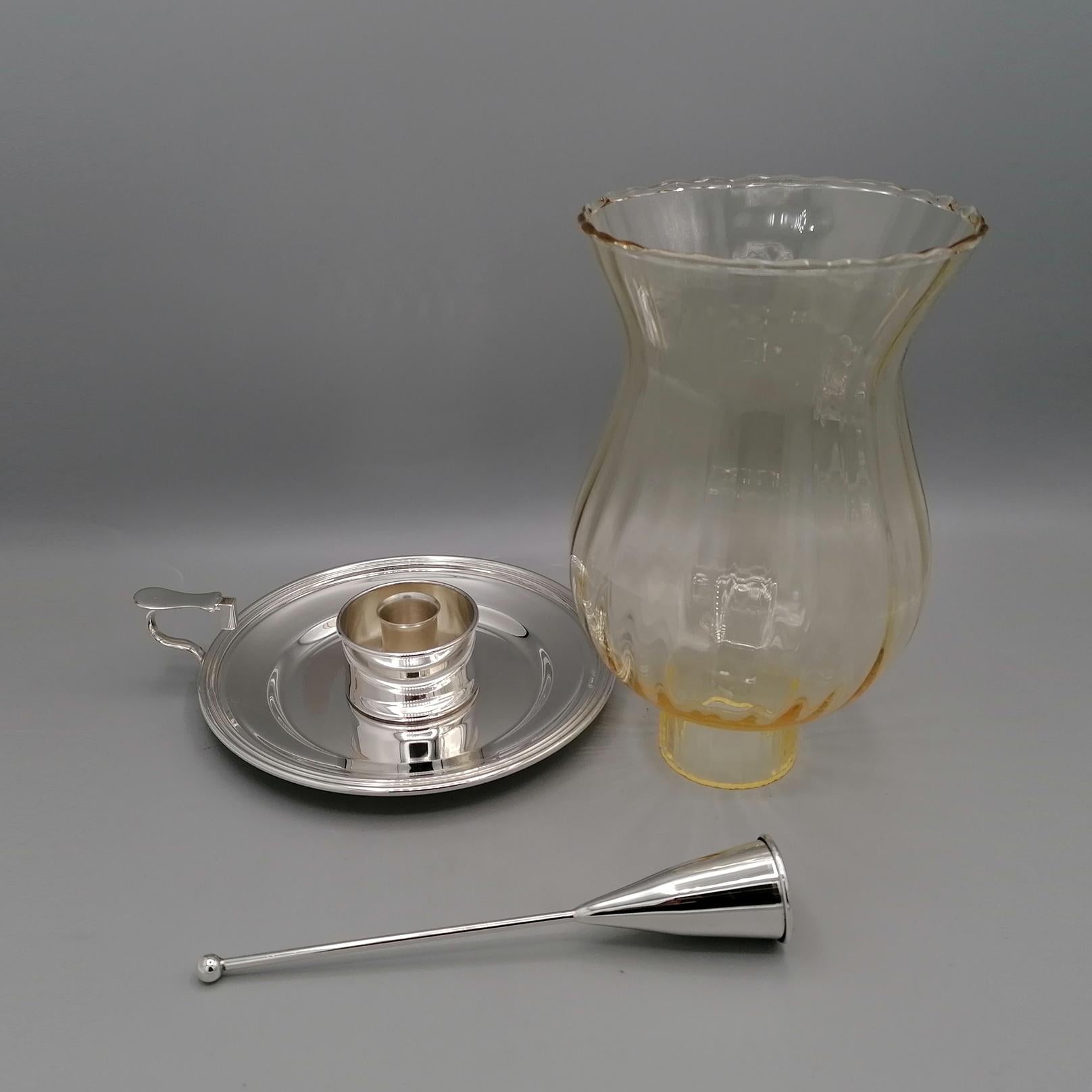 20th Century Italian solid 800 silver Chamberstick with glass and Snuffer For Sale 1
