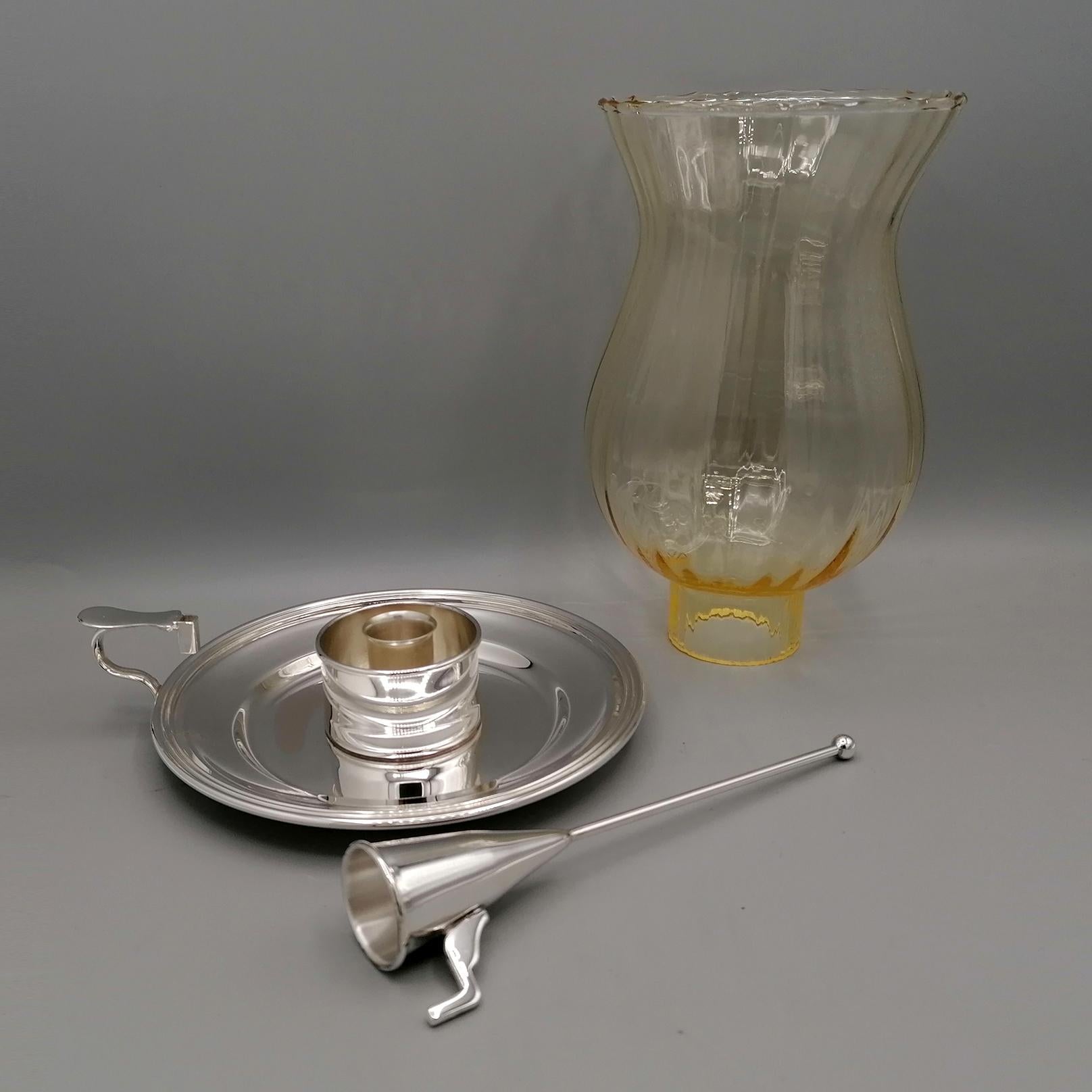 20th Century Italian solid 800 silver Chamberstick with glass and Snuffer For Sale 2