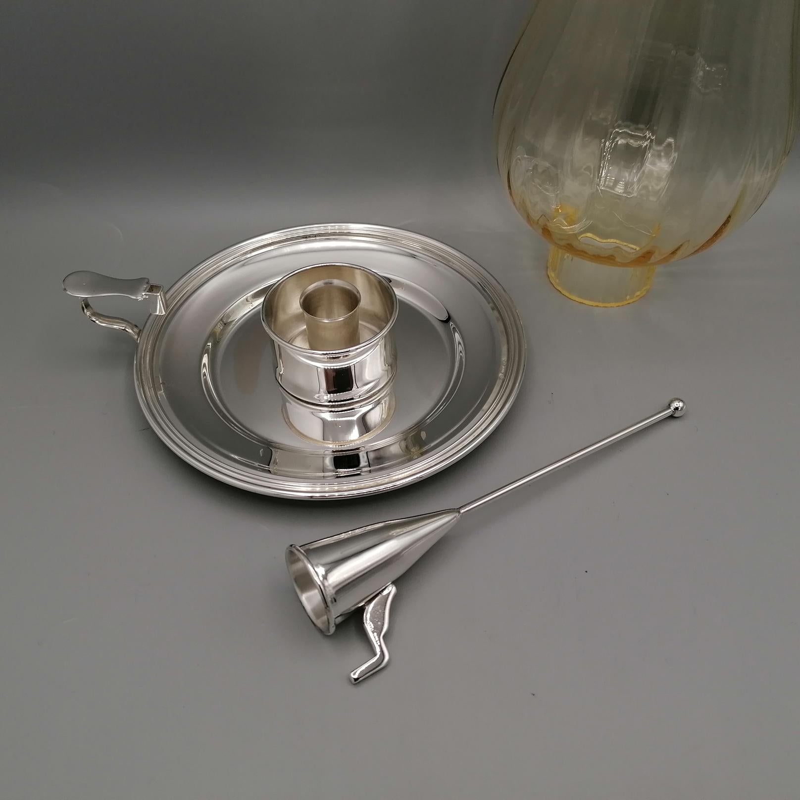 20th Century Italian solid 800 silver Chamberstick with glass and Snuffer For Sale 3