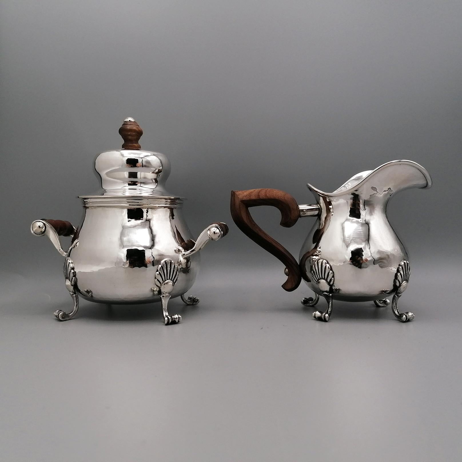 Hammered 20th Century italian Solid Silver Sugar Bowl and Cream Jug For Sale