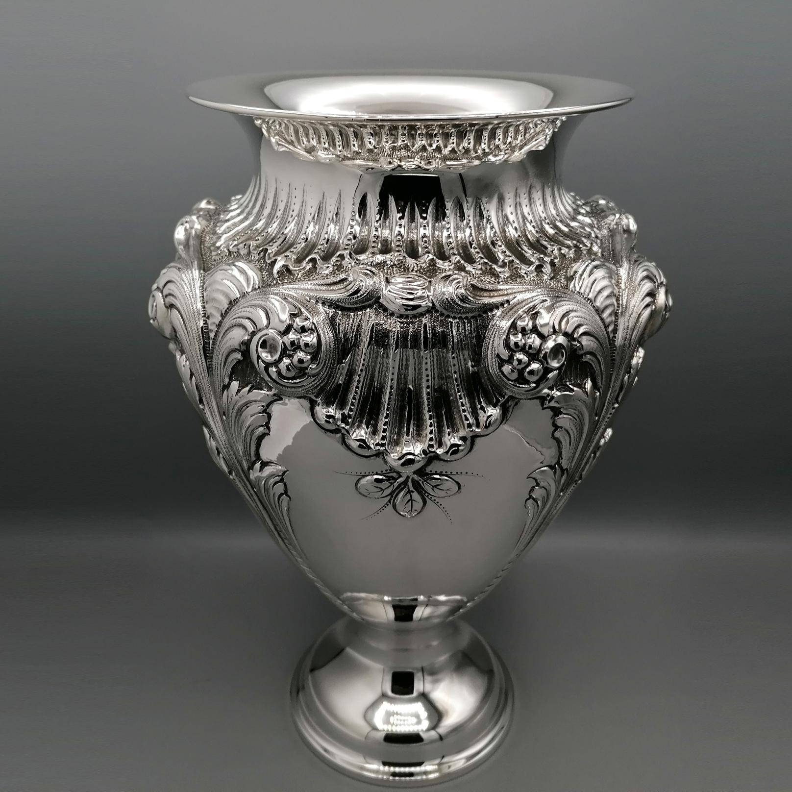 Engraved 20th Century Italian Sterling Silver Baroque Vase For Sale