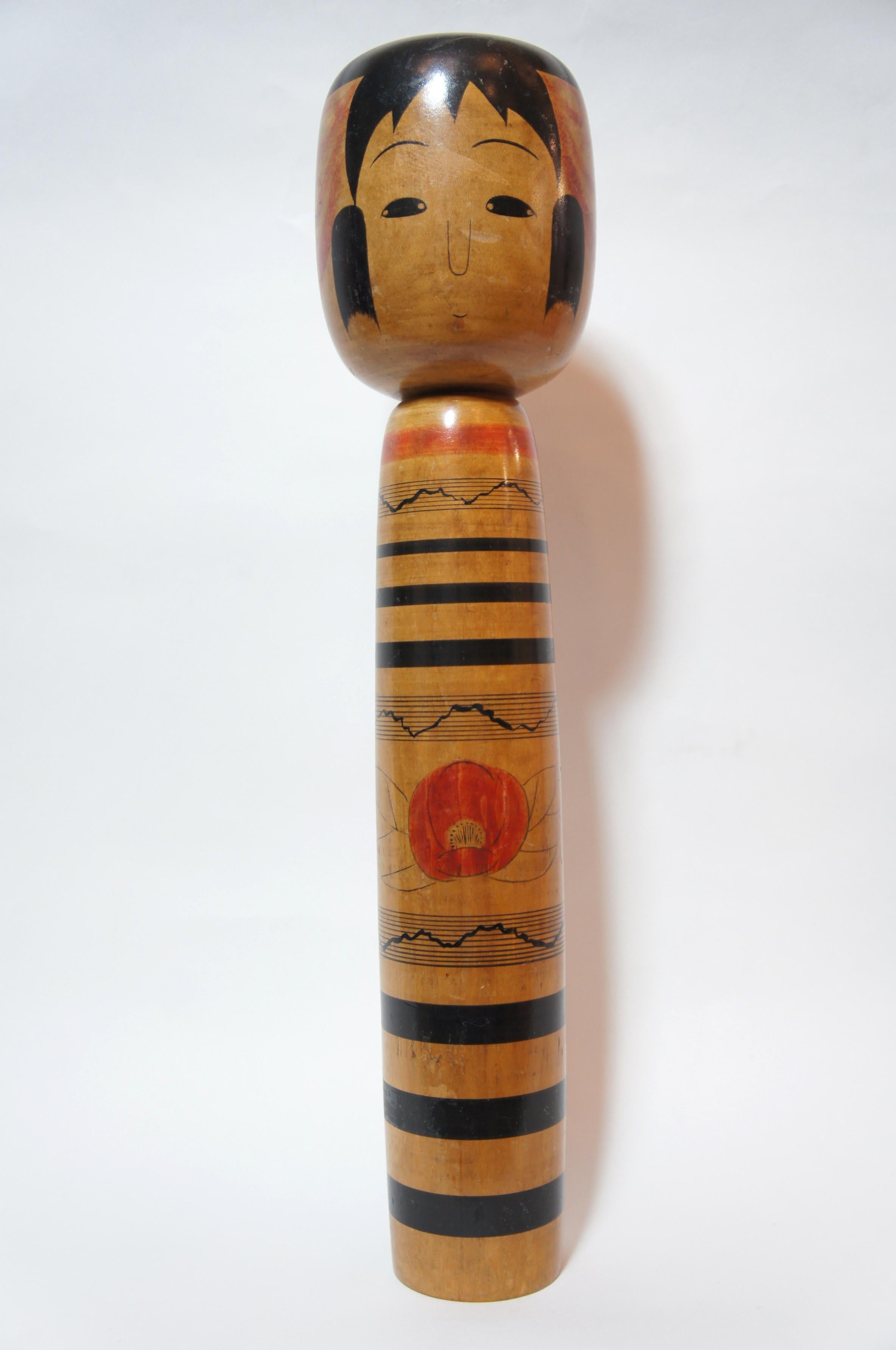 Showa 20th Century Japanese Hand Painted Large Kokeshi Doll by Abe Hiroshi For Sale