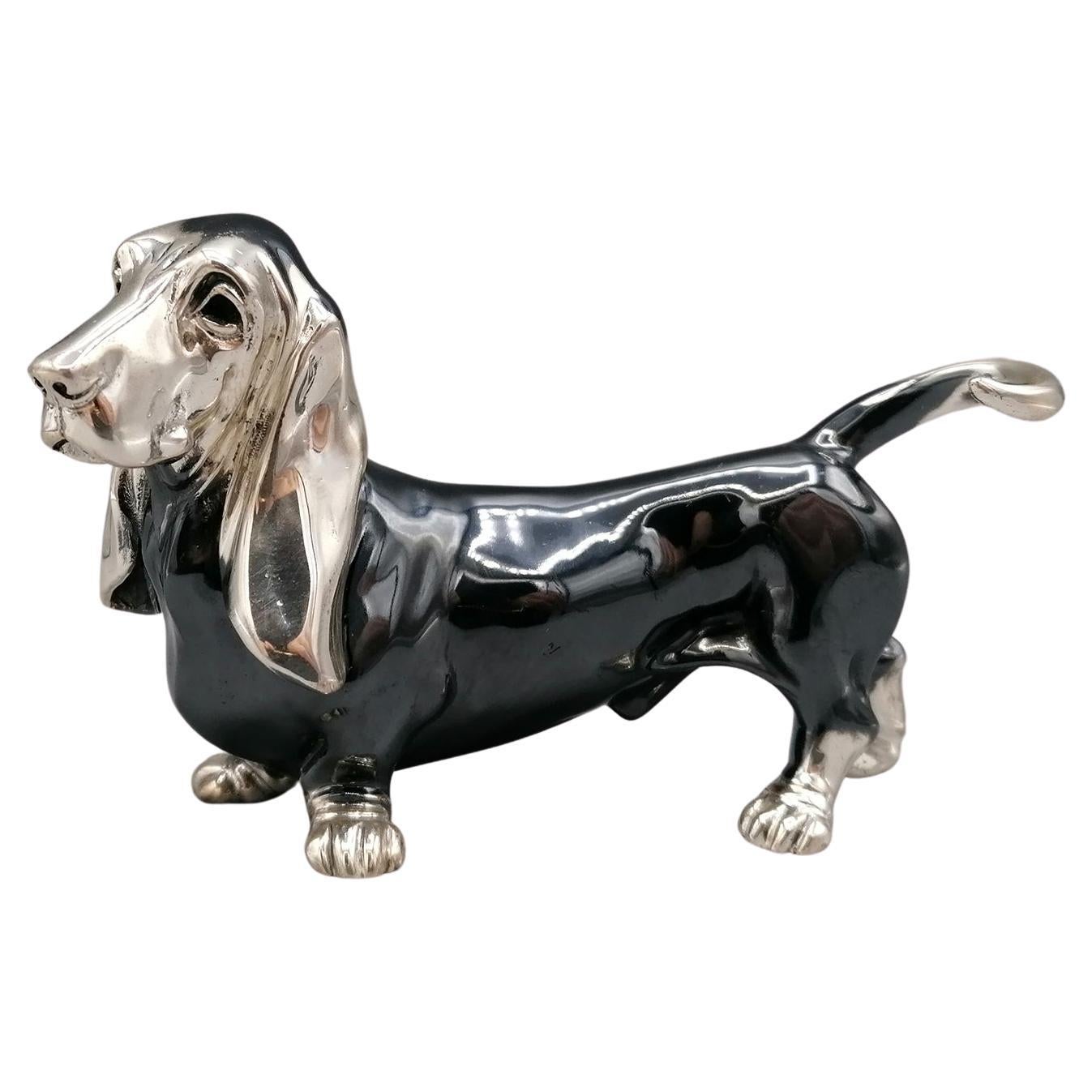 Statuette aus massivem Silber des 20. Jahrhunderts, die einen Basset-Hundhund darstellt