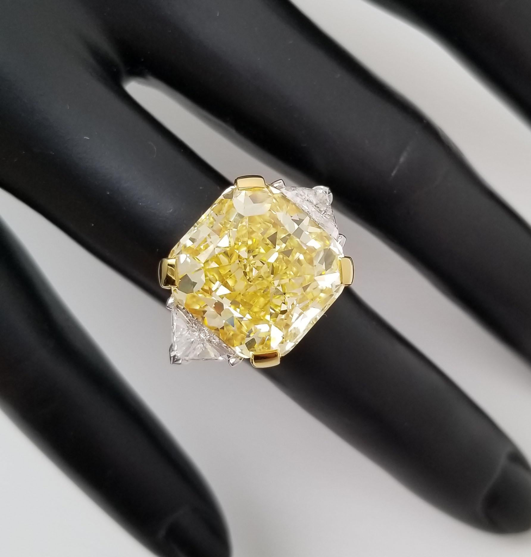 20 Ct Fancy Intense Yellow Diamond GIA Radiant Cut Three Stone Engagement Ring For Sale 1