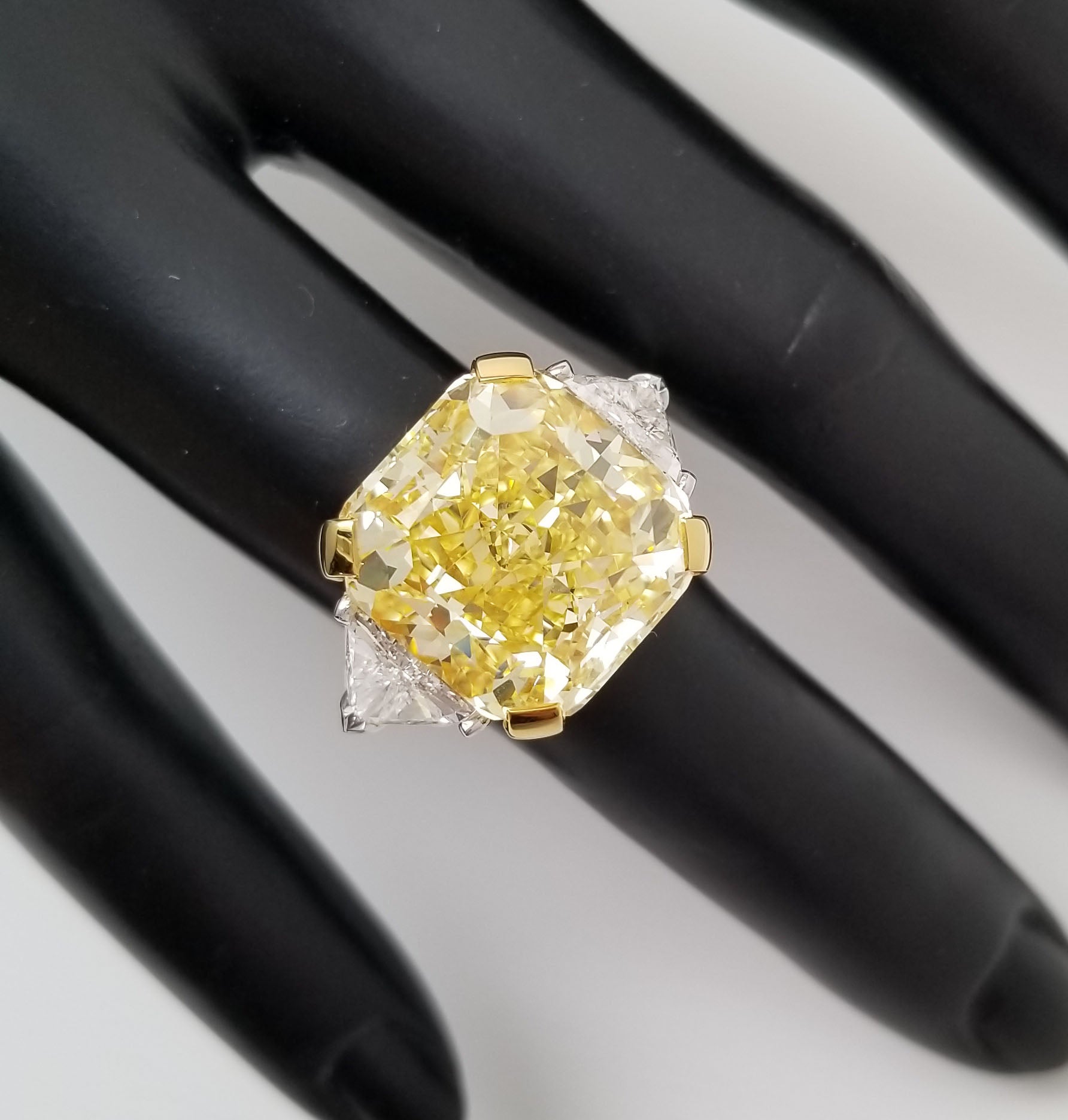 20 Ct Fancy Intense Yellow Diamond GIA Radiant Cut Three Stone Engagement Ring For Sale