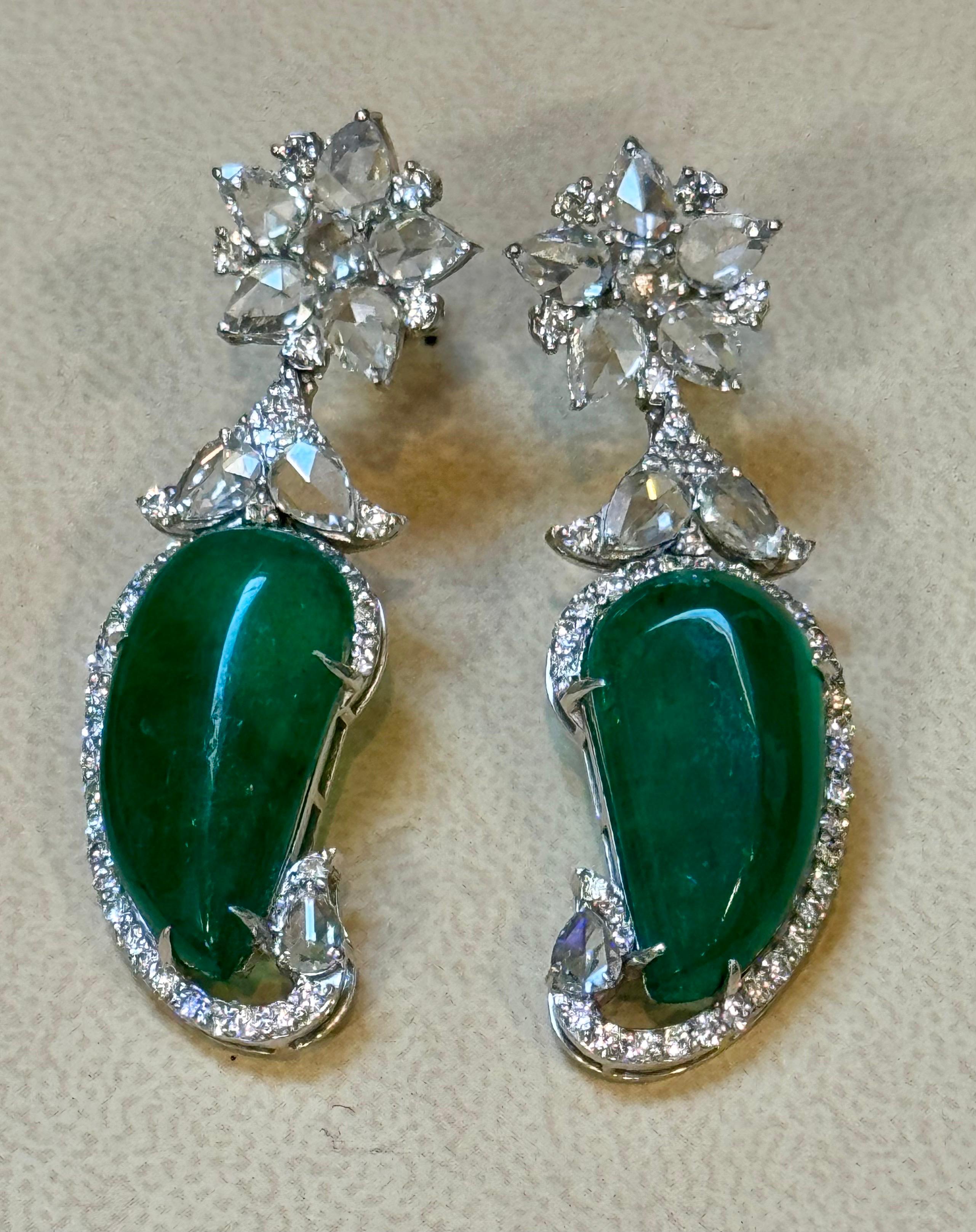 20 Ct Fine Emerald Cabochon & 4 Ct Rose Cut Diamond  18 Kt White Gold  Earrings For Sale 6