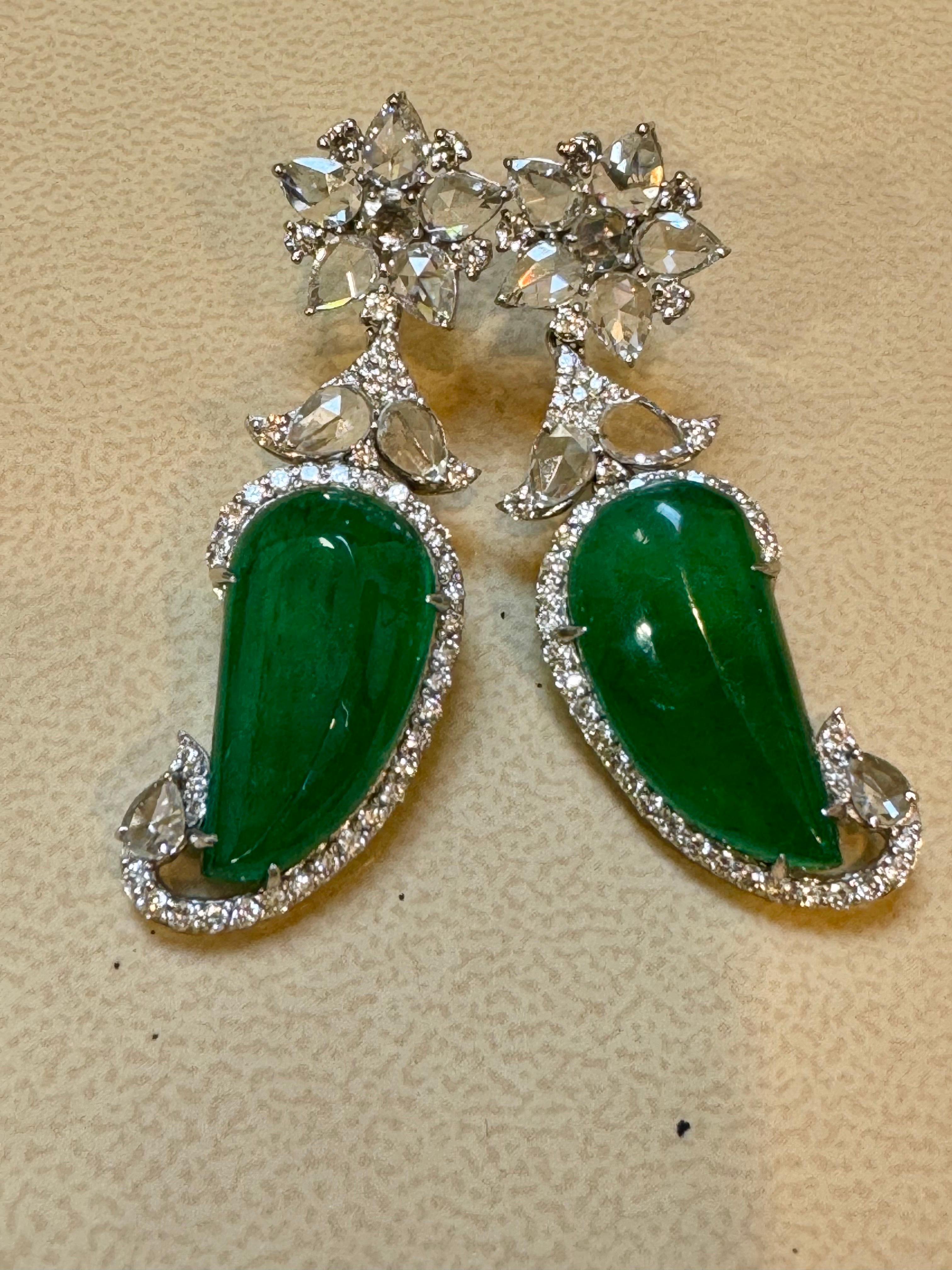 20 Ct Fine Emerald Cabochon & 4 Ct Rose Cut Diamond  18 Kt White Gold  Earrings For Sale 8