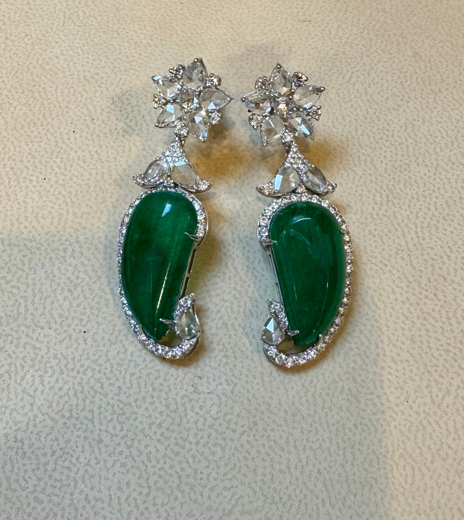 Women's 20 Ct Fine Emerald Cabochon & 4 Ct Rose Cut Diamond  18 Kt White Gold  Earrings For Sale