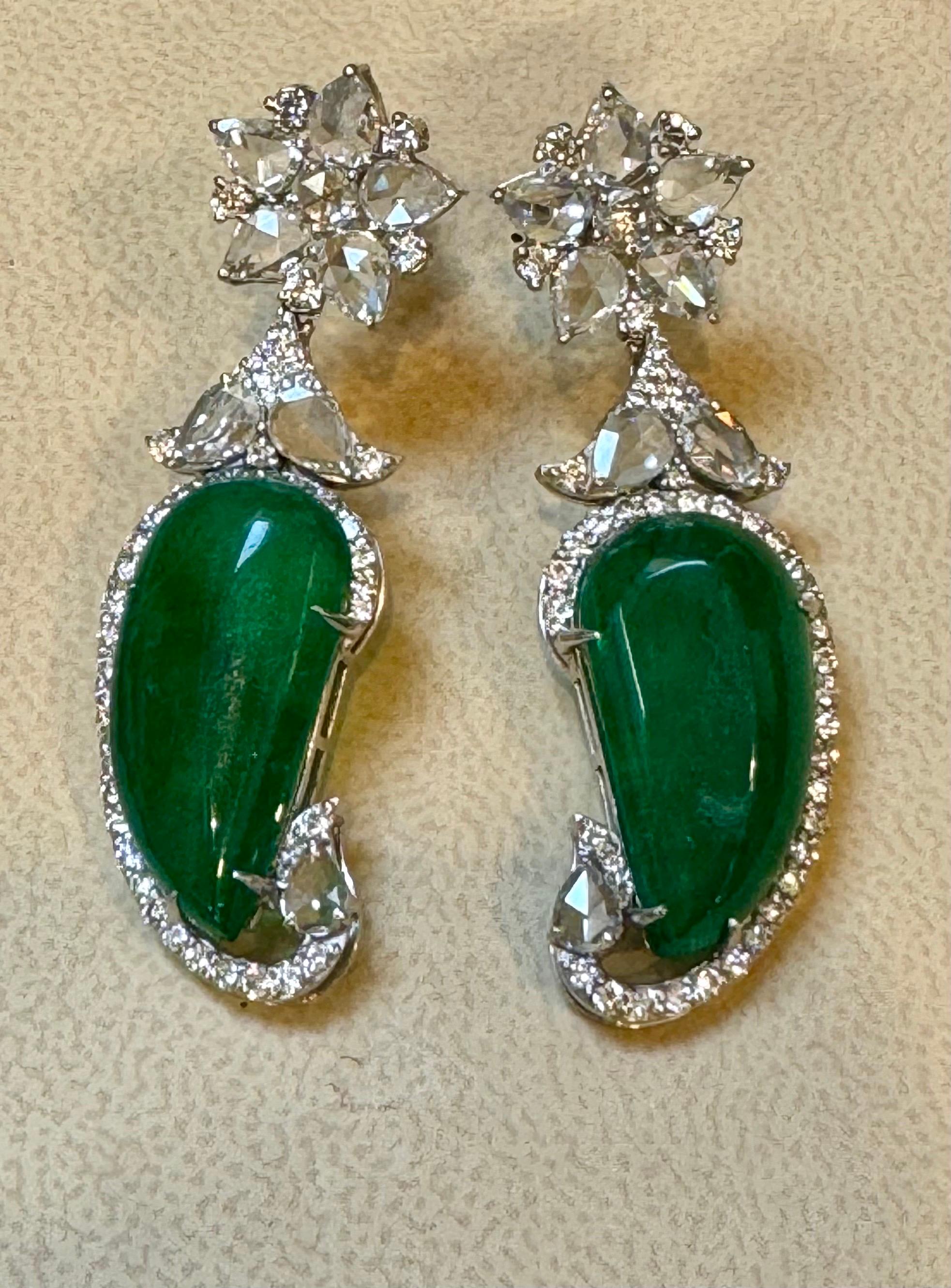 20 Ct Fine Emerald Cabochon & 4 Ct Rose Cut Diamond  18 Kt White Gold  Earrings For Sale 5