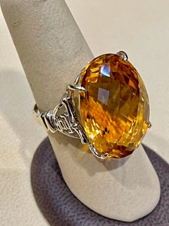 34 Ct Natural Oval Checker Board Citrine Cocktail Ring 14 Kt Yellow Gold, Estate