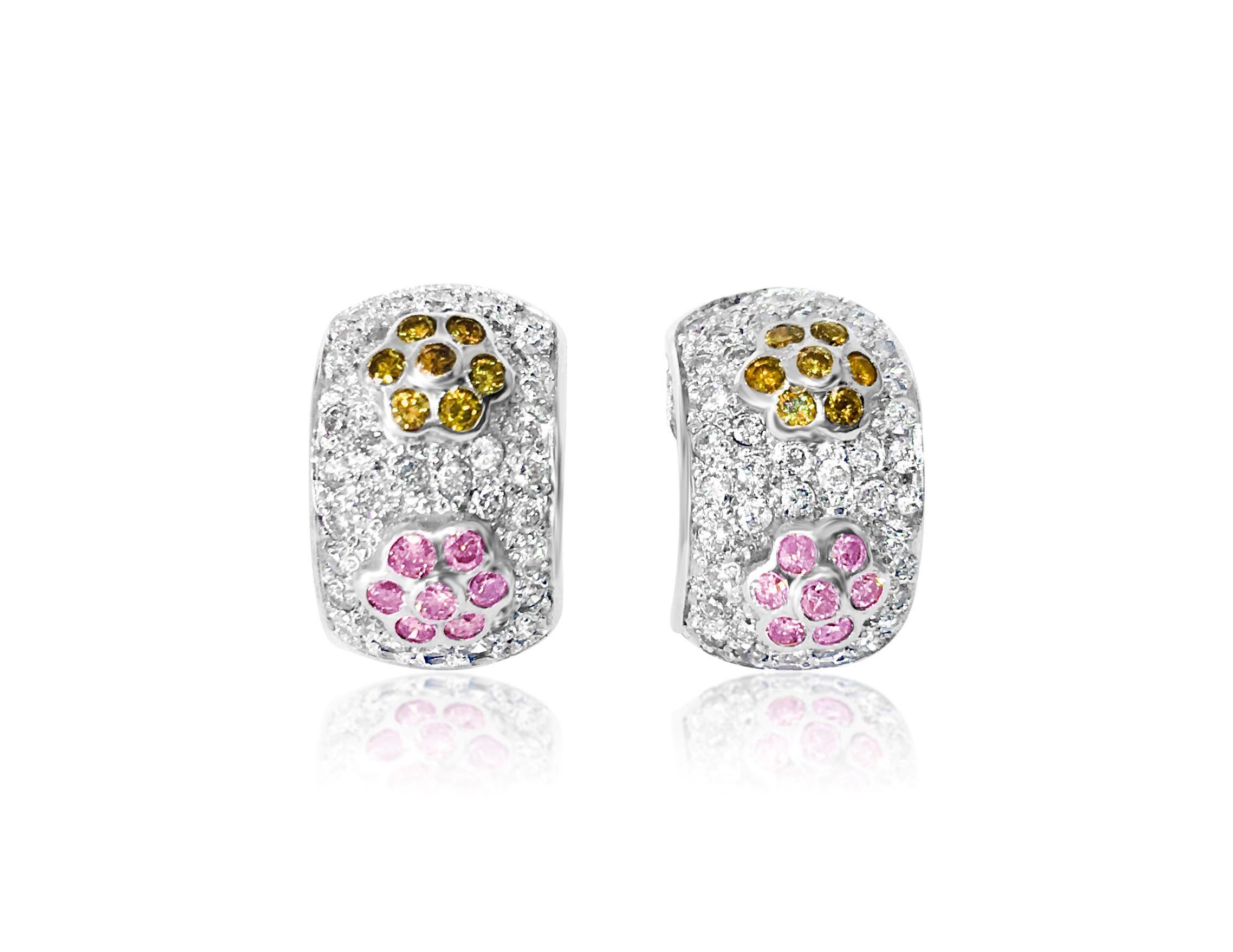 Brilliant Cut 2.0 CT white, pink & yellow diamonds in 14k earrings For Sale