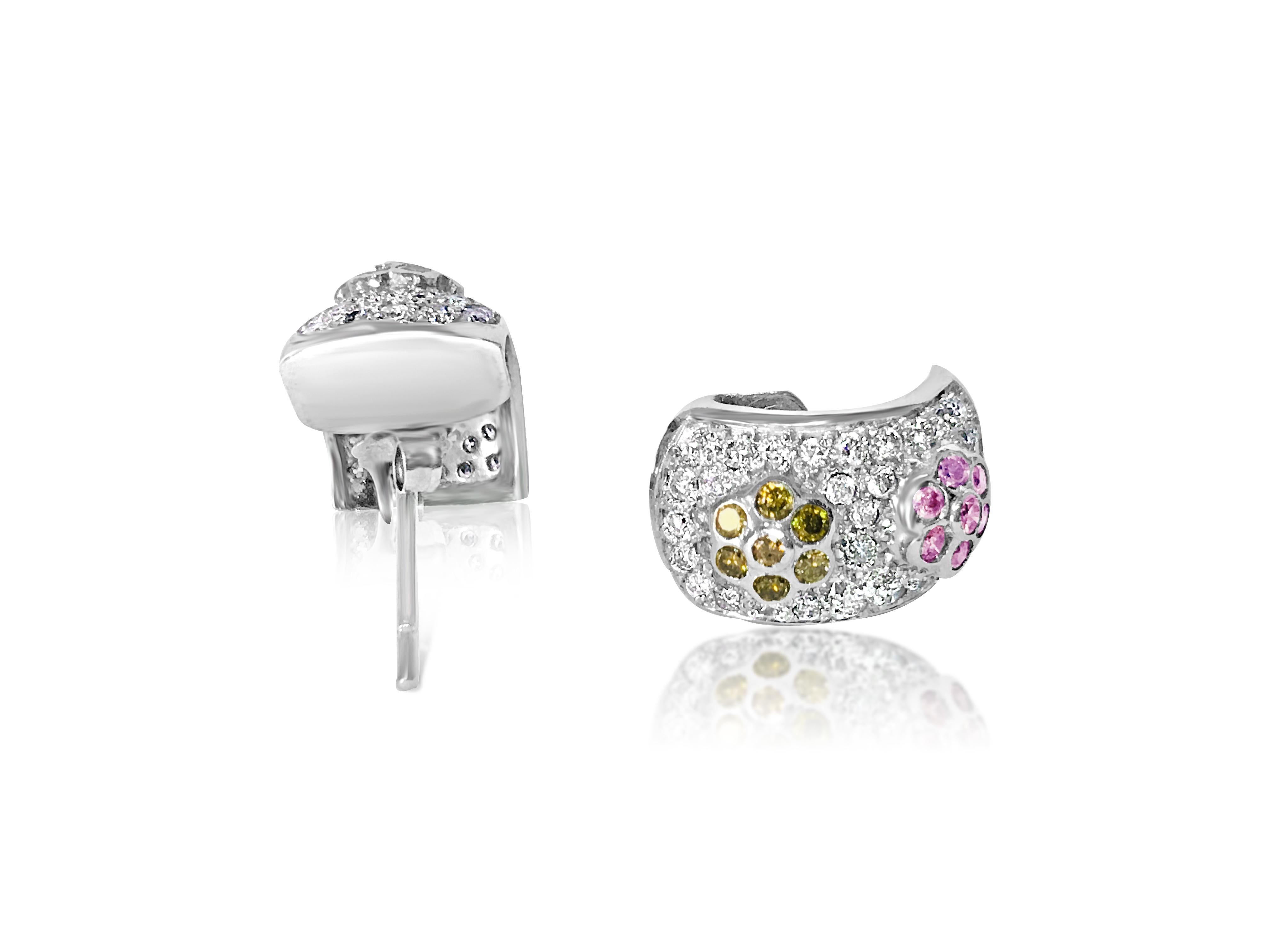 2,0 Karat weiße, rosa und gelbe Diamanten in 14 Karat Ohrringen im Zustand „Hervorragend“ im Angebot in Miami, FL