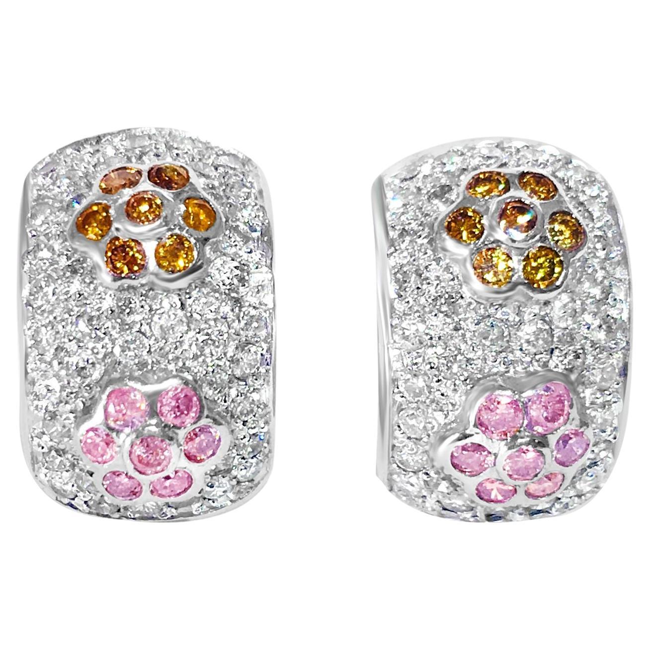2.0 CT white, pink & yellow diamonds in 14k earrings For Sale