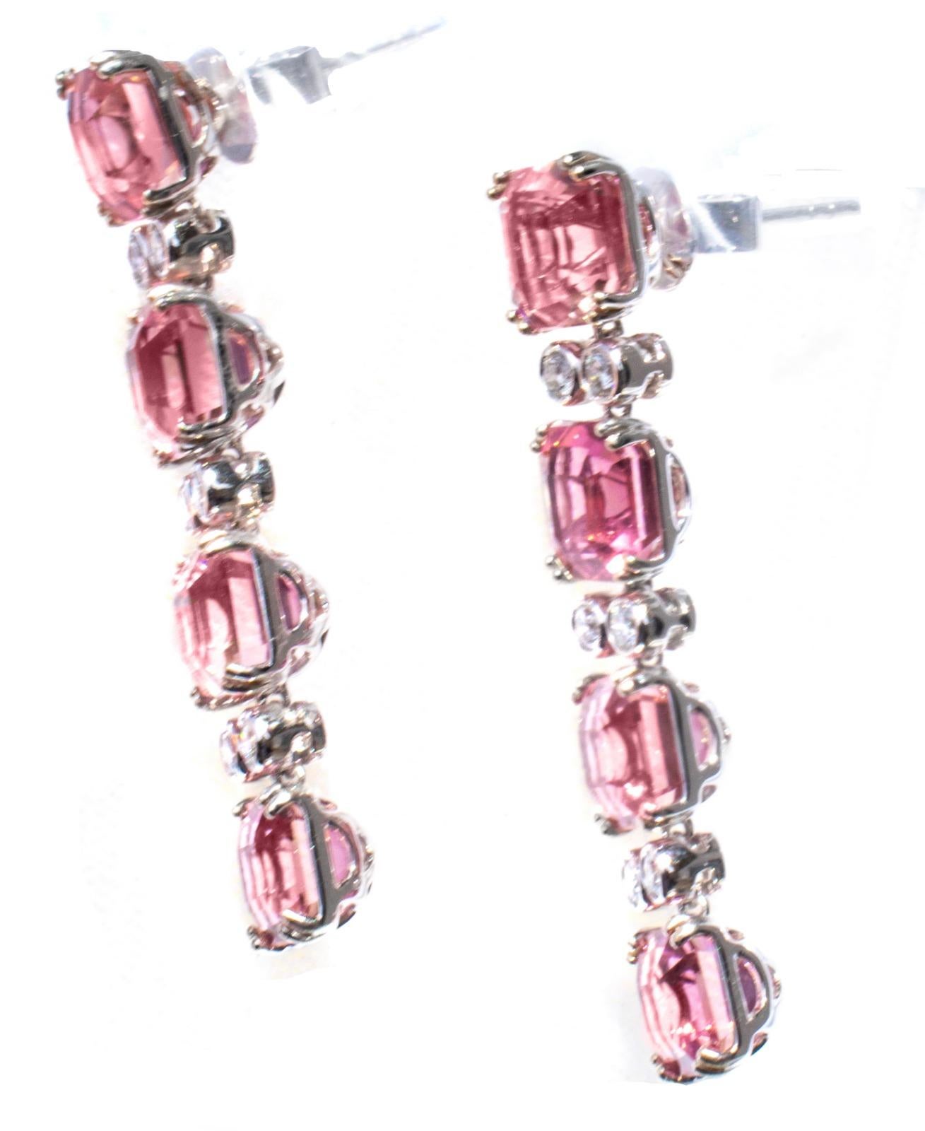 Asscher Cut 20 Cttw Pink Tourmaline & Diamond Dangle Earrings For Sale