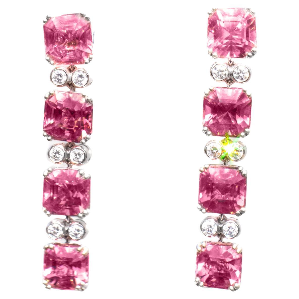 20 Cttw Pink Tourmaline & Diamond Dangle Earrings For Sale
