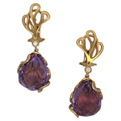 20 CTW Amethyst Diamond 18 Karat Yellow Gold Dangle Drop Estate Earrings