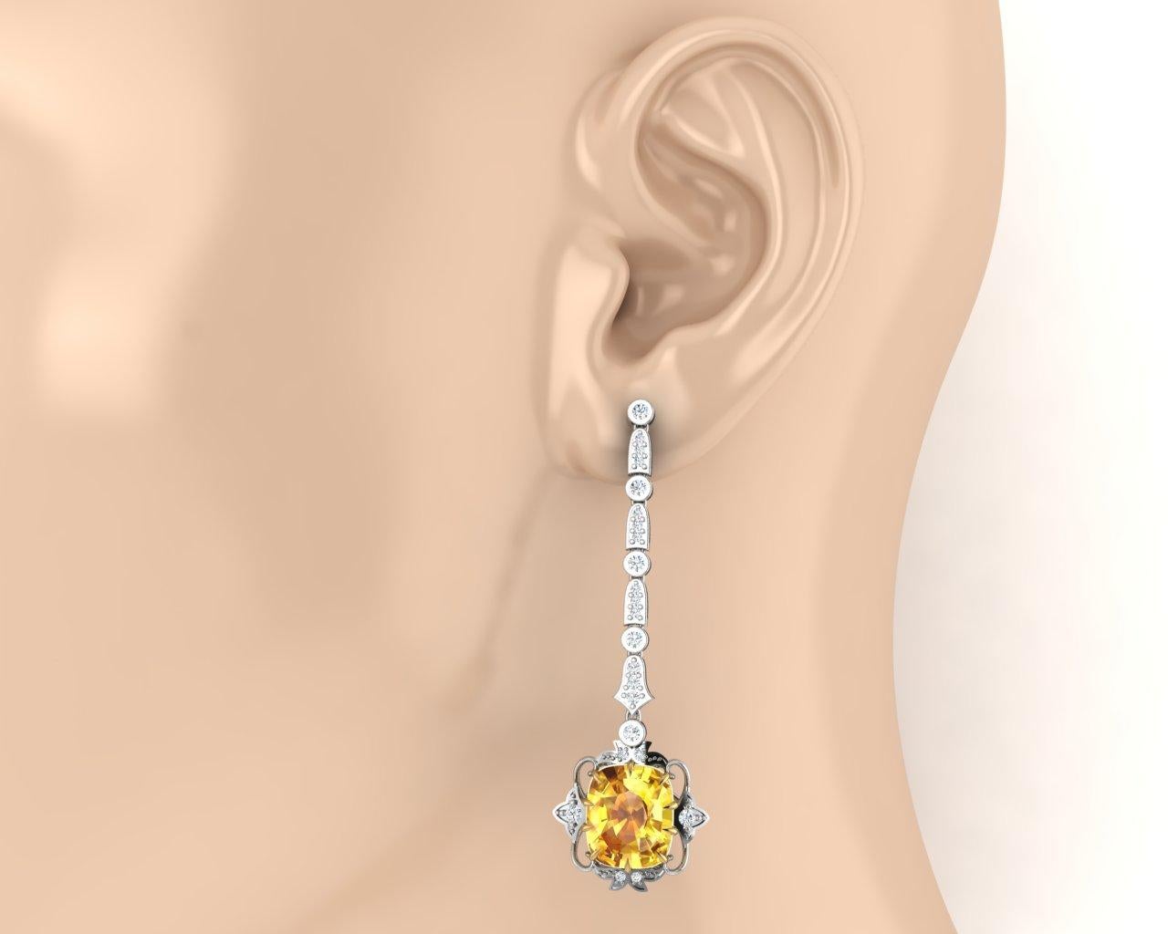 ~20 Ctw Natural Unheated GIA Yellow Sapphire Art Deco Look Earrings

Sapphire Details:
Carat Weight: 17.5 Carats Total Approximately
Shape: Cushion
Color: Yellow
Clarity: Eye Clean 
Cut: Excellent
Treatment: None ( GIA Certified)
Origin: Ceylon (