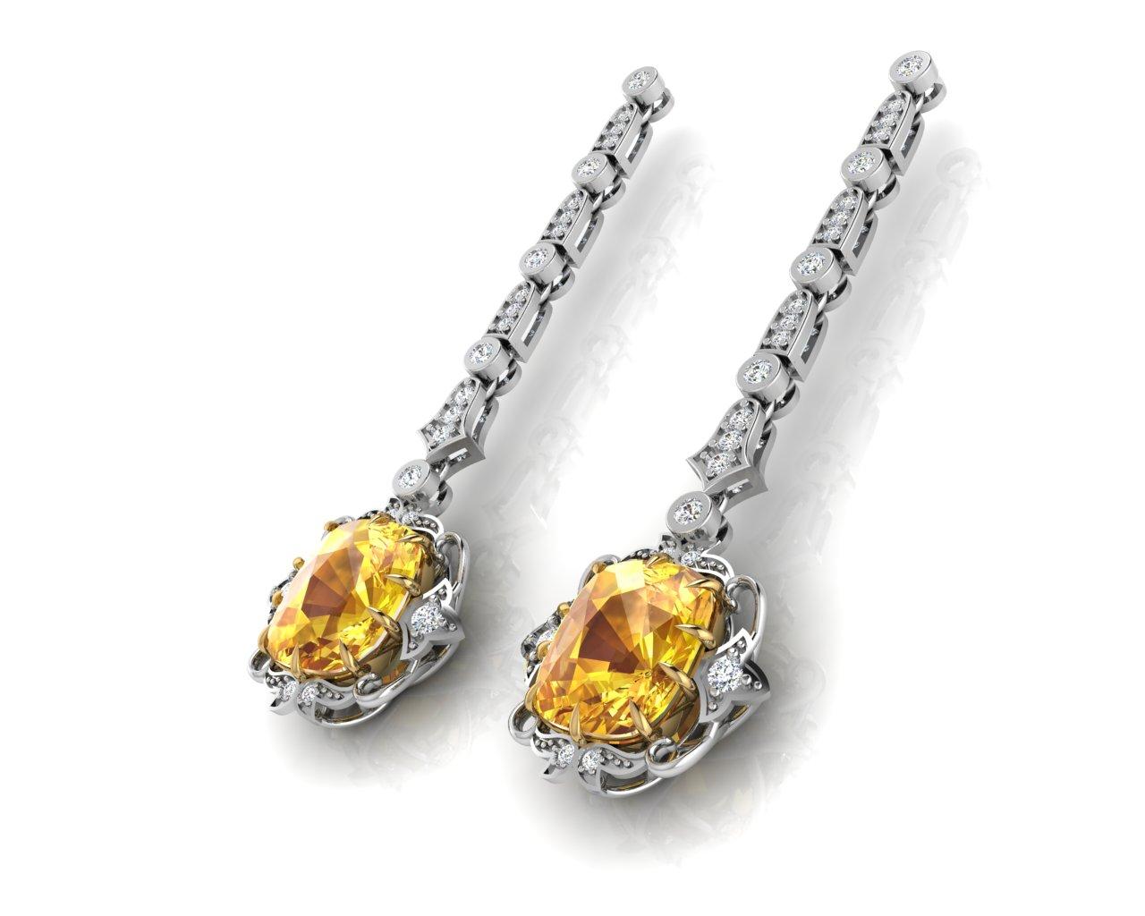 Modern 20 Ctw Natural Unheated GIA Yellow Sapphire Art Deco Look Earrings, Ben Dannie For Sale